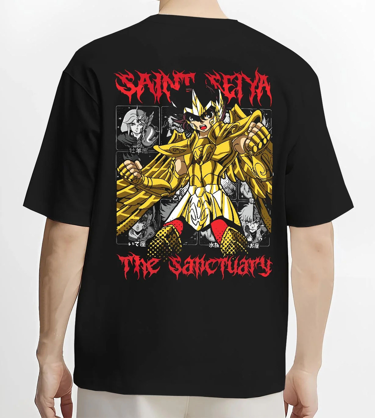 Black T-shirt worn by male model from the back featuring Pegasus Seiya Gold Cloth Sanctuary Saint Seiya artwork.