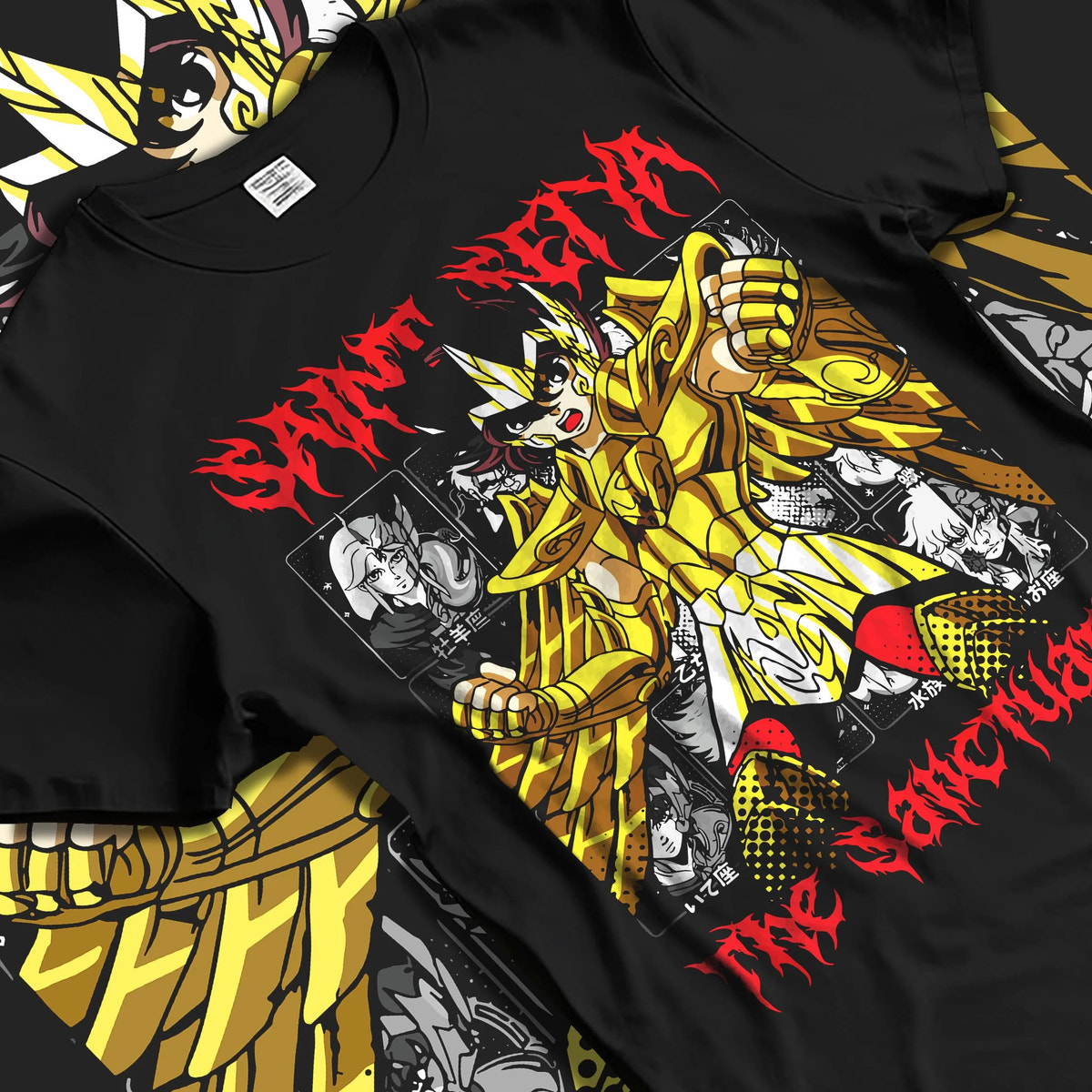 Black T-shirt laid flat with natural folds featuring Pegasus Seiya Gold Cloth Sanctuary Saint Seiya artwork.