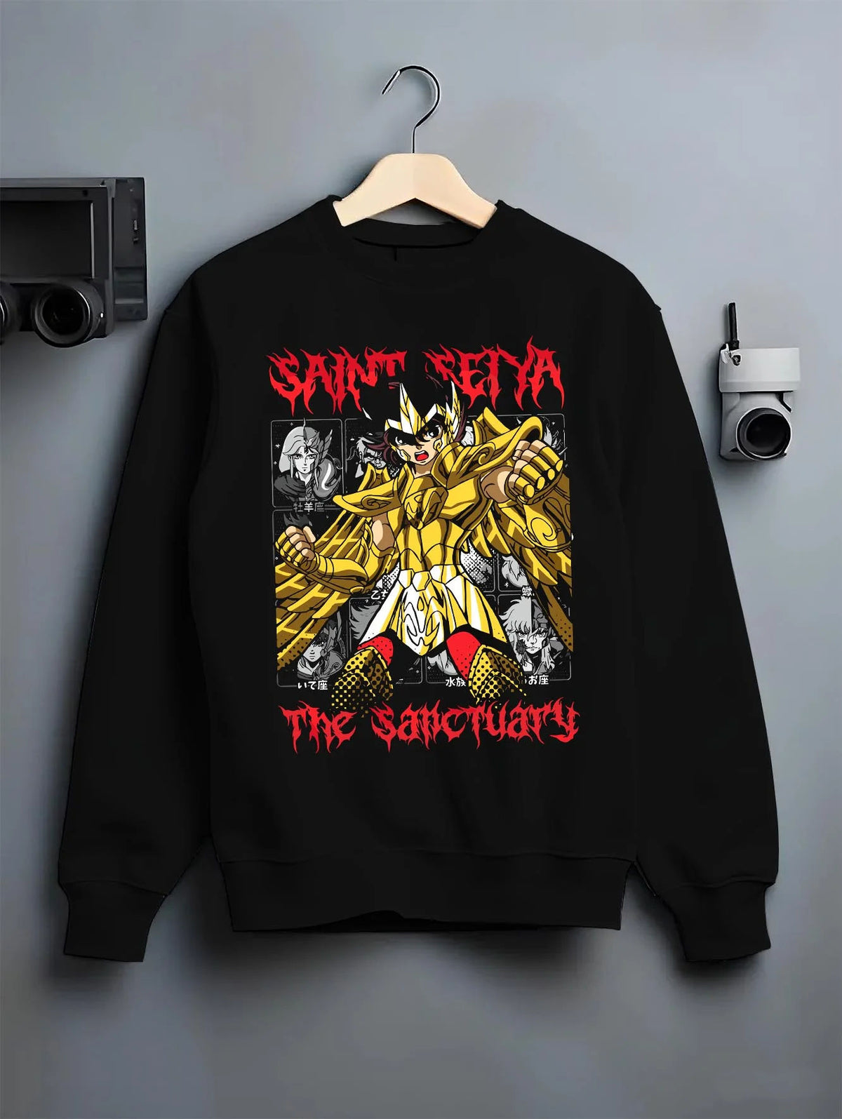 Black crewneck sweatshirt on hanger featuring Pegasus Seiya Gold Cloth Sanctuary Saint Seiya artwork.