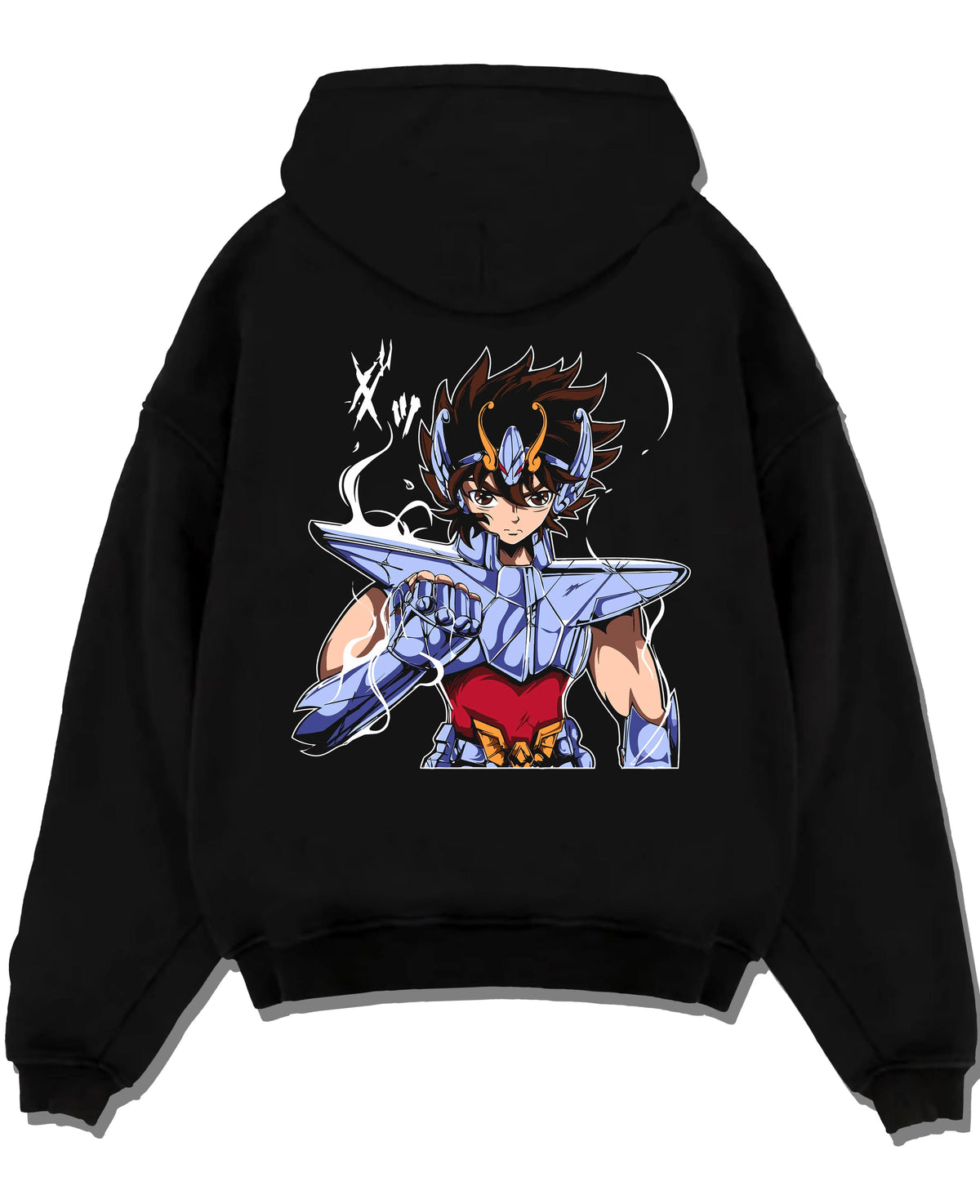 Black hoodie laid flat featuring Pegasus Seiya Bronze Cloth hero Saint Seiya artwork.