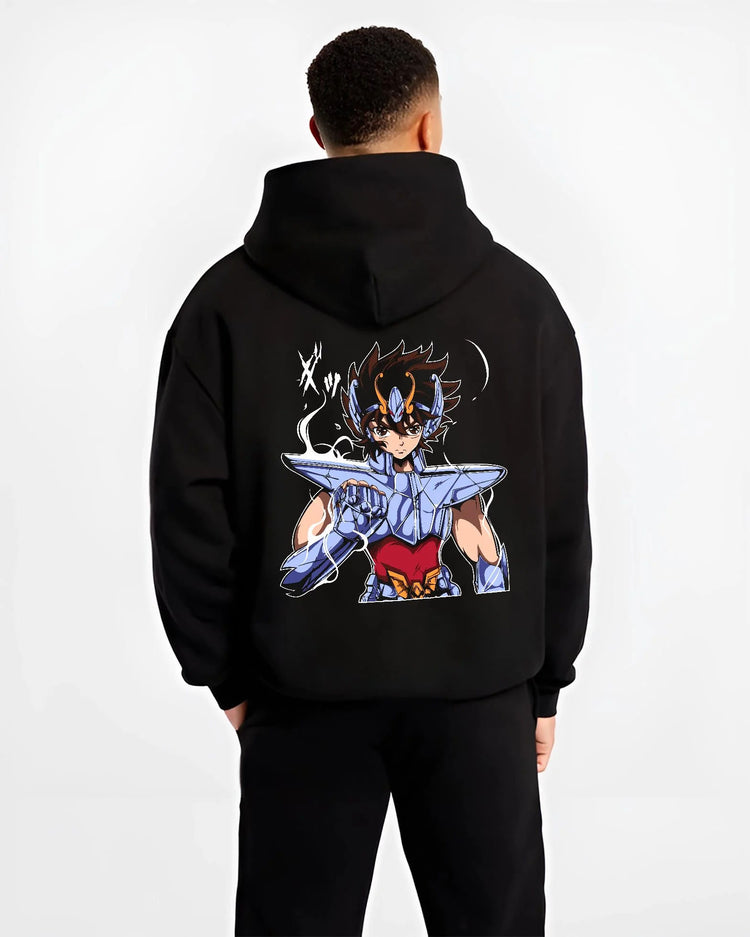 Black hoodie worn by male model from the back featuring Pegasus Seiya Bronze Cloth hero Saint Seiya artwork.