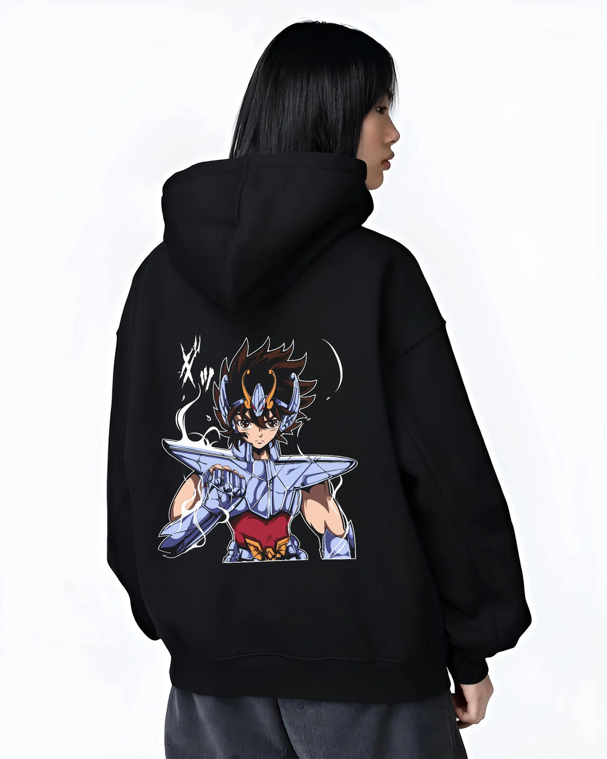 Black hoodie worn by female model from the back featuring Pegasus Seiya Bronze Cloth hero Saint Seiya artwork.