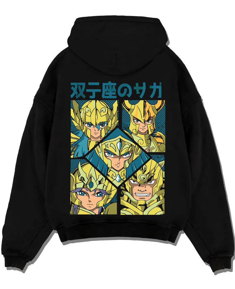 Black hoodie laid flat featuring Gemini Saga twin faces Saint Seiya artwork.