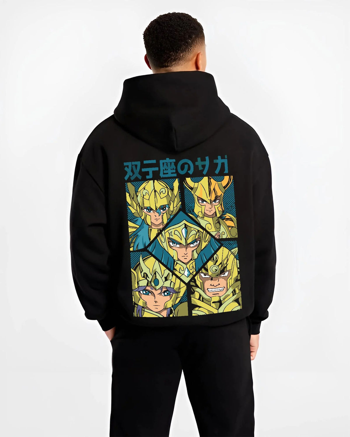 Black hoodie worn by male model from the back featuring Gemini Saga twin faces Saint Seiya artwork.