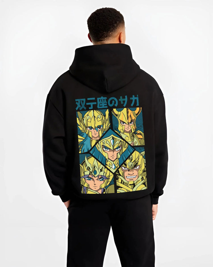 Black hoodie worn by male model from the back featuring Gemini Saga twin faces Saint Seiya artwork.