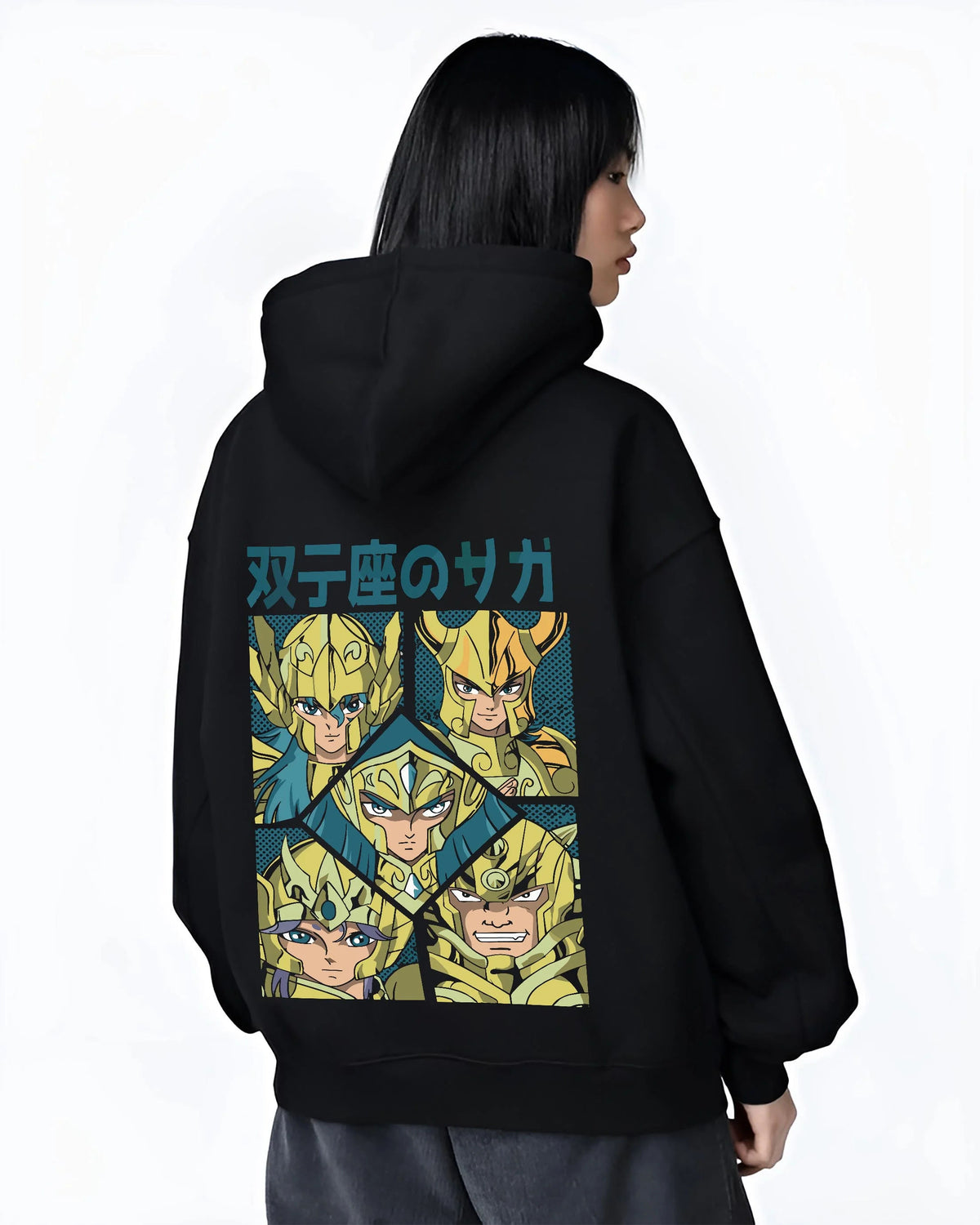 Black hoodie worn by female model from the back featuring Gemini Saga twin faces Saint Seiya artwork.