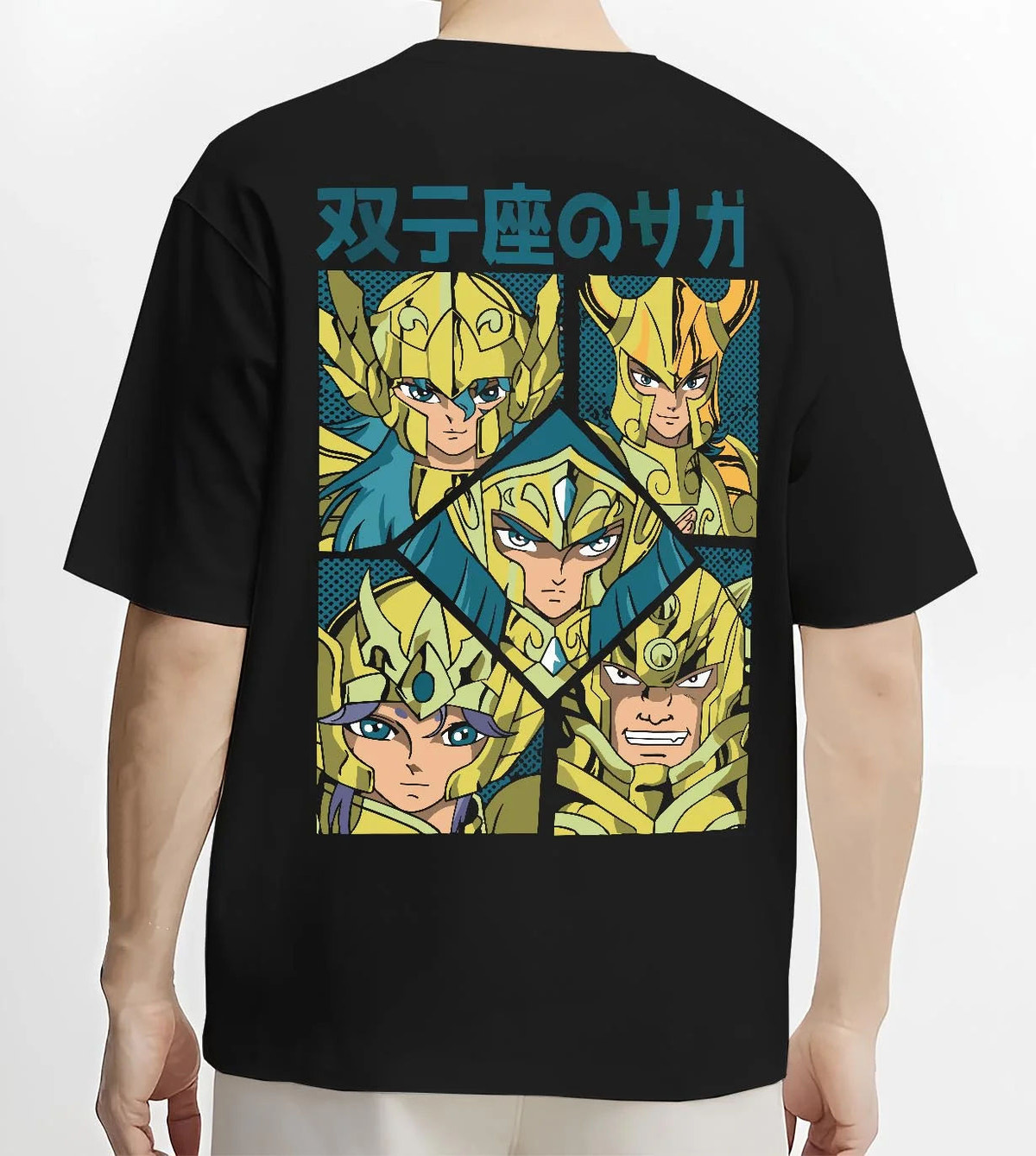 Black T-shirt worn by male model from the back featuring Gemini Saga twin faces Saint Seiya artwork.