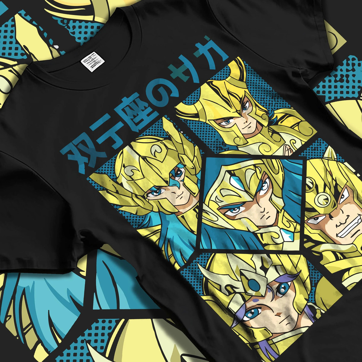 Black T-shirt laid flat with natural folds featuring Gemini Saga twin faces Saint Seiya artwork.