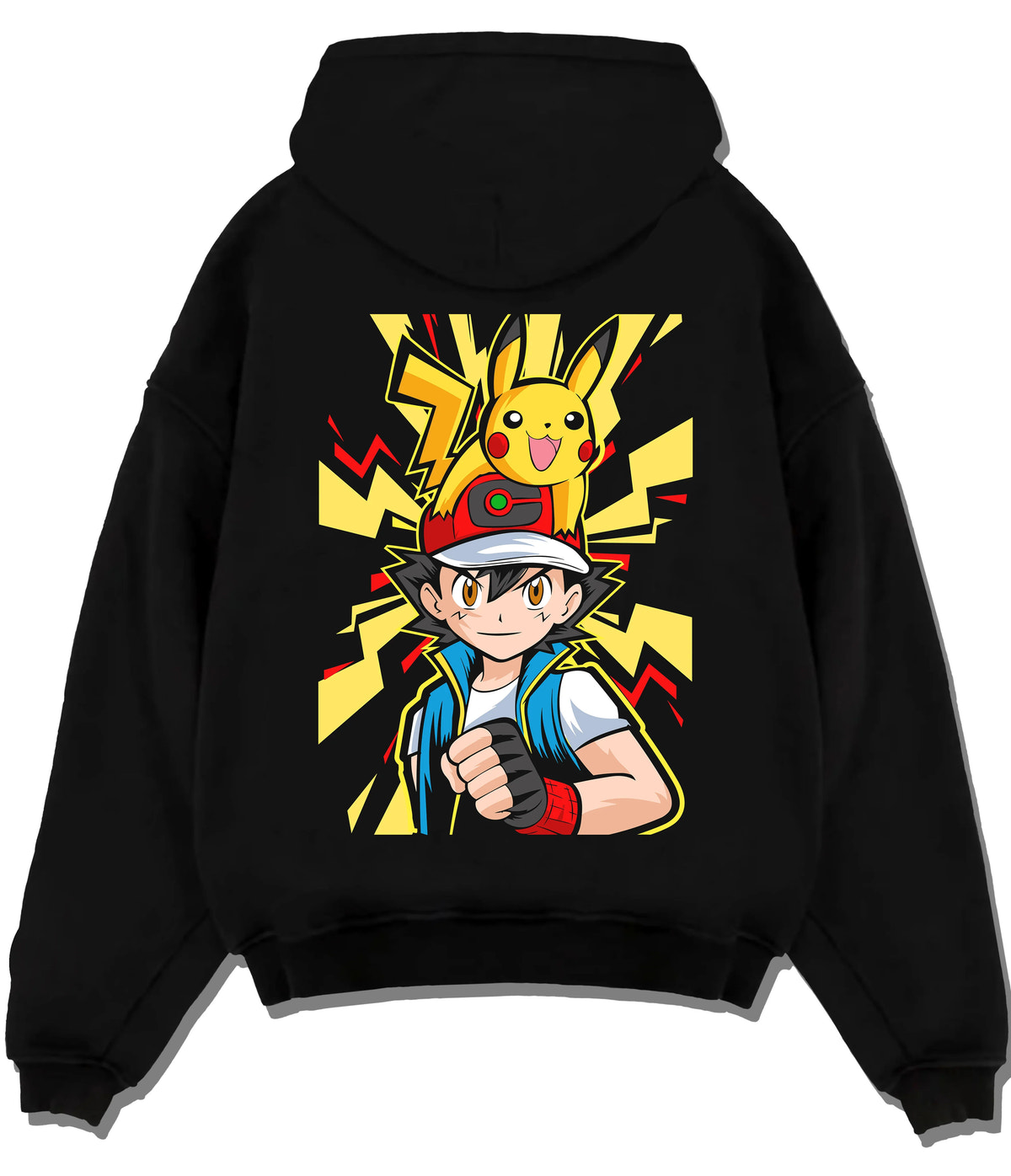 Black hoodie flat back view with Ash / Red with yellow Pikachu lightning design from Pokémon illustrated back graphic