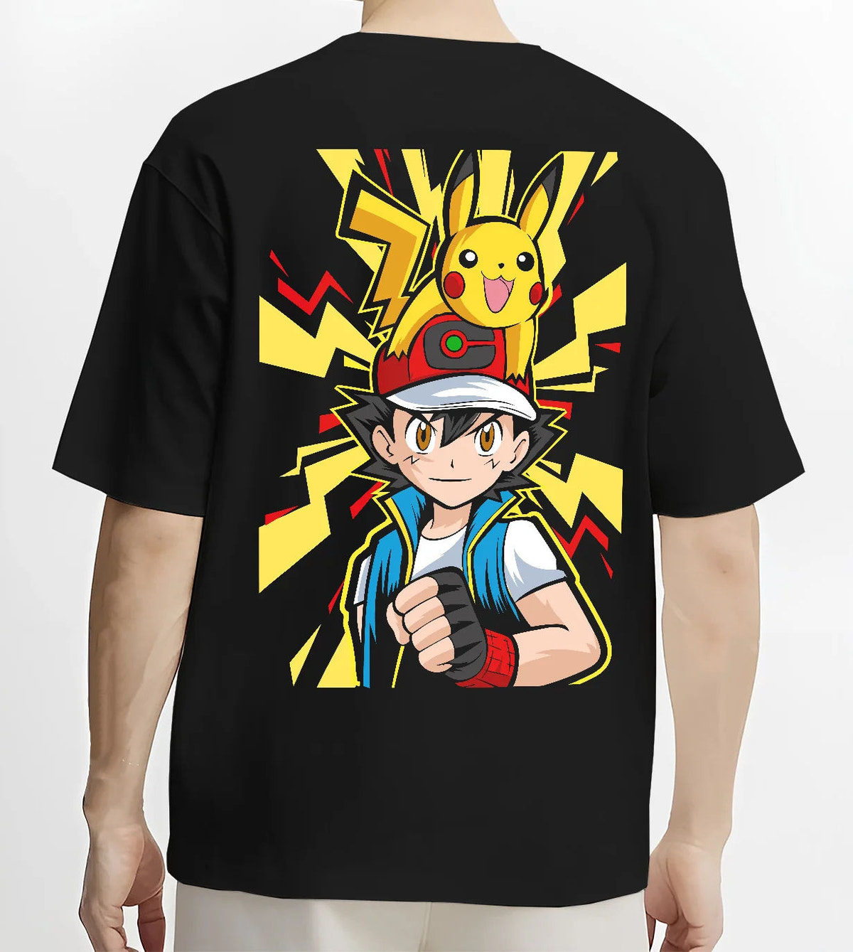 Black T-shirt model back view with Ash / Red with yellow Pikachu lightning design from Pokémon illustrated back graphic