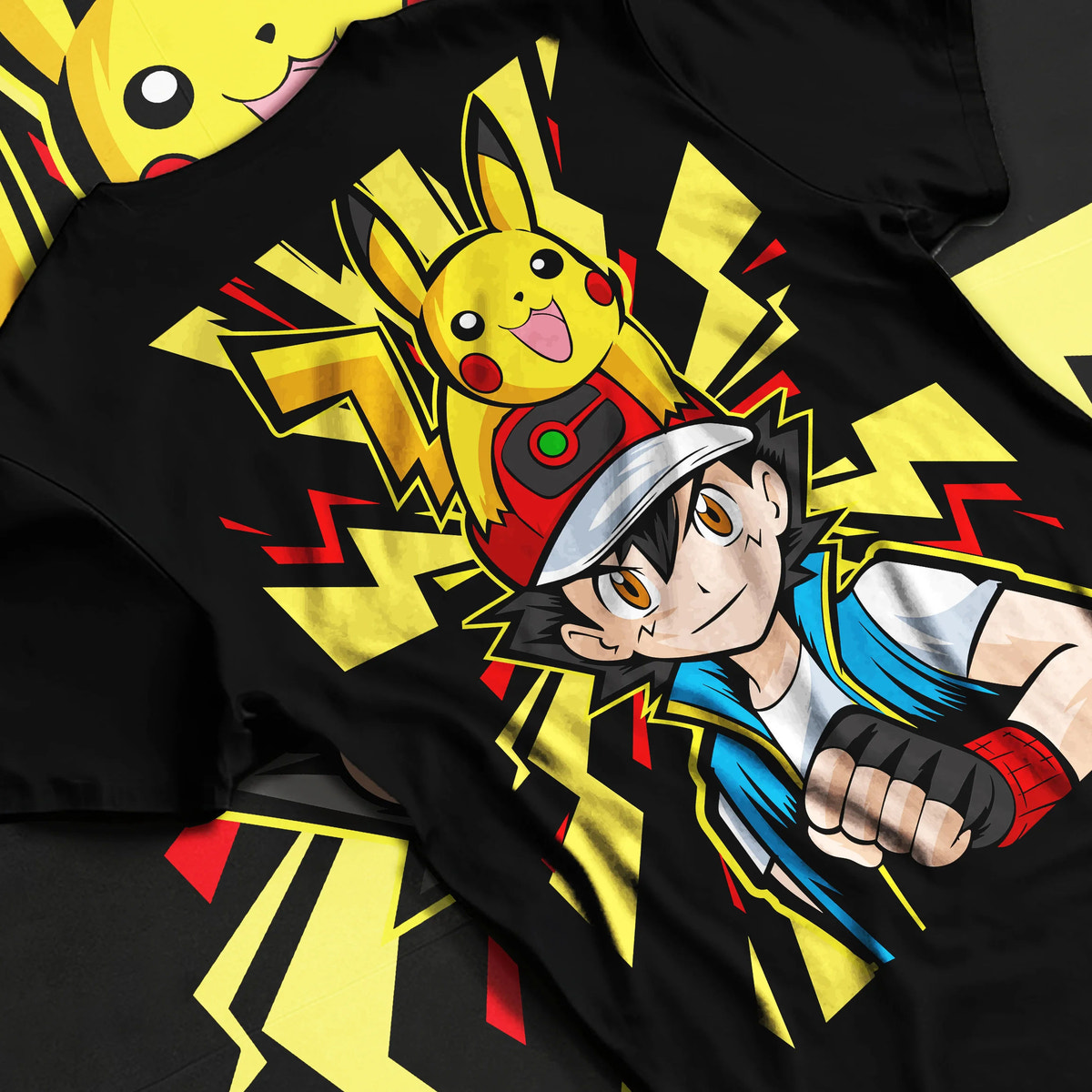 Black T-shirt flat back view with Ash / Red with yellow Pikachu lightning design from Pokémon illustrated back graphic