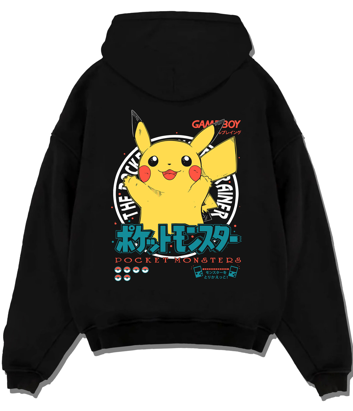 Black hoodie flat back view showing Pikachu from Pokémon: happy Game Boy illustration