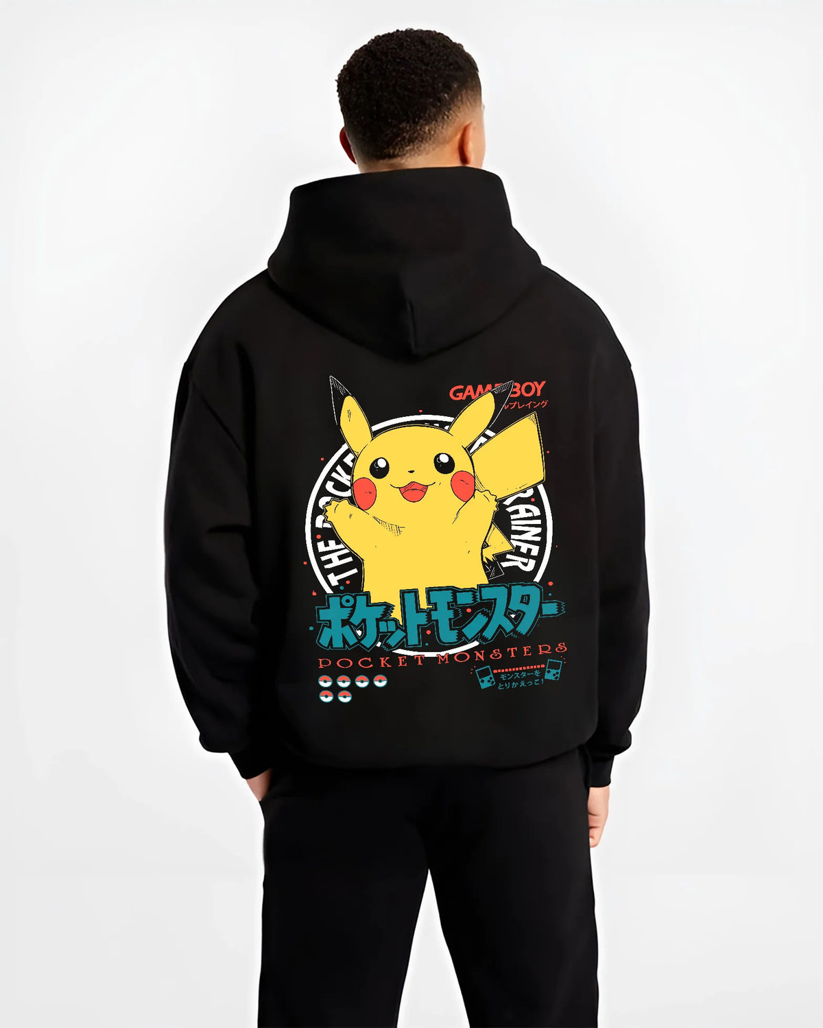 Black hoodie model back view showing Pikachu from Pokémon: happy Game Boy illustration