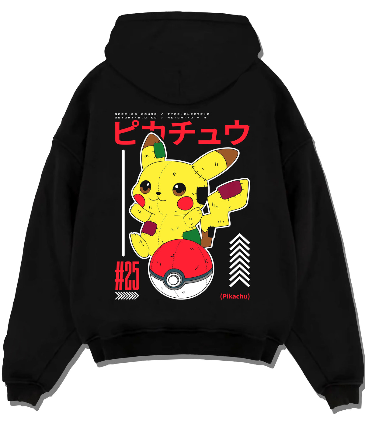 Black hoodie flat back view showing Pikachu from Pokémon: Pokedex-inspired design