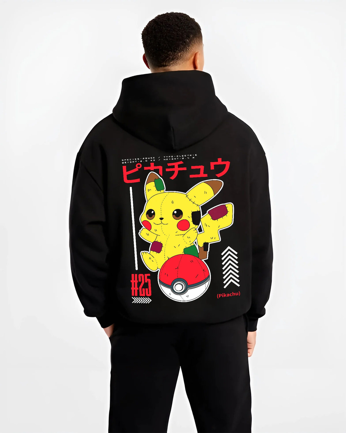 Black hoodie model back view showing Pikachu from Pokémon: Pokedex-inspired design
