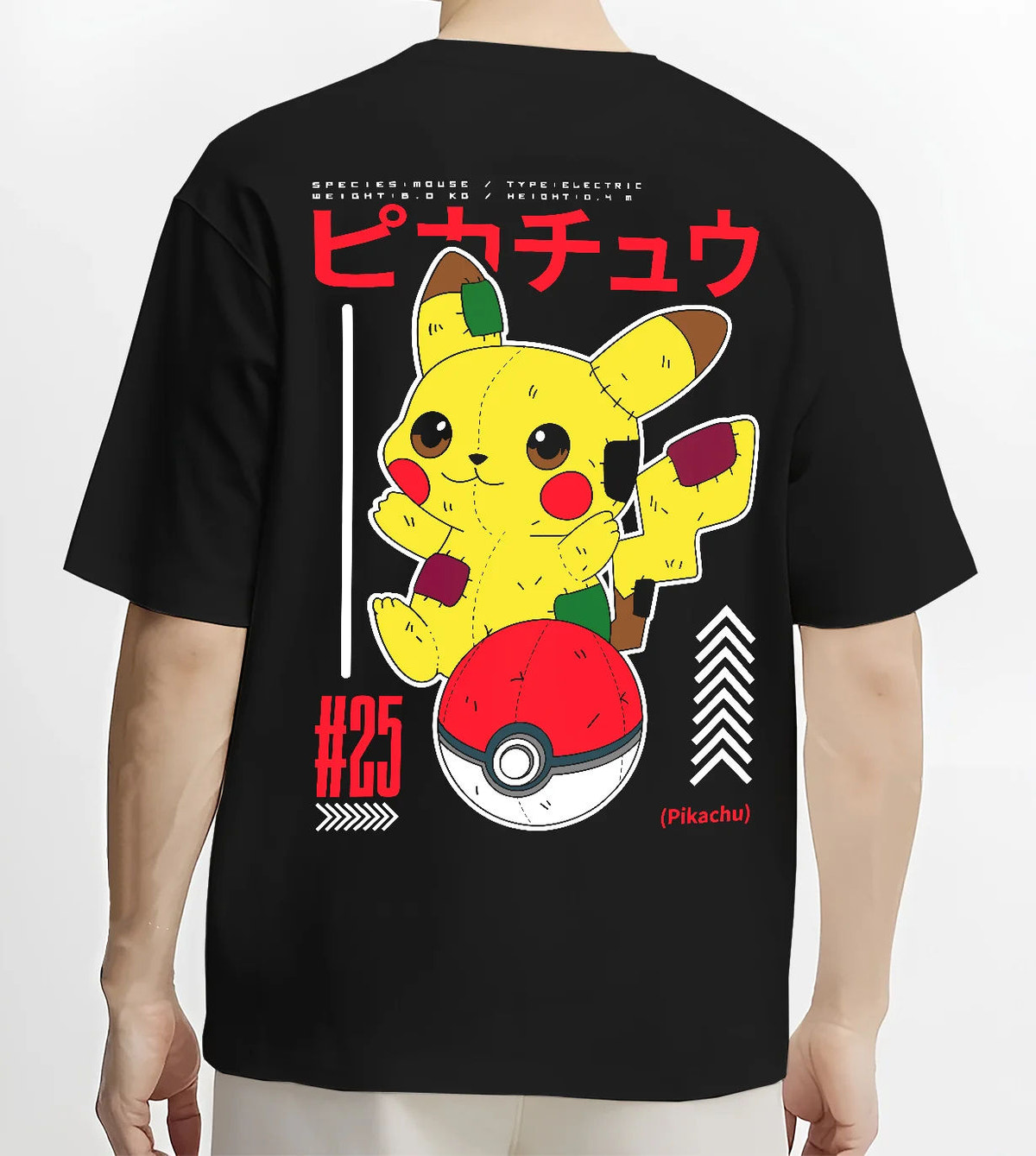 Black T-shirt model back view showing Pikachu from Pokémon: Pokedex-inspired design