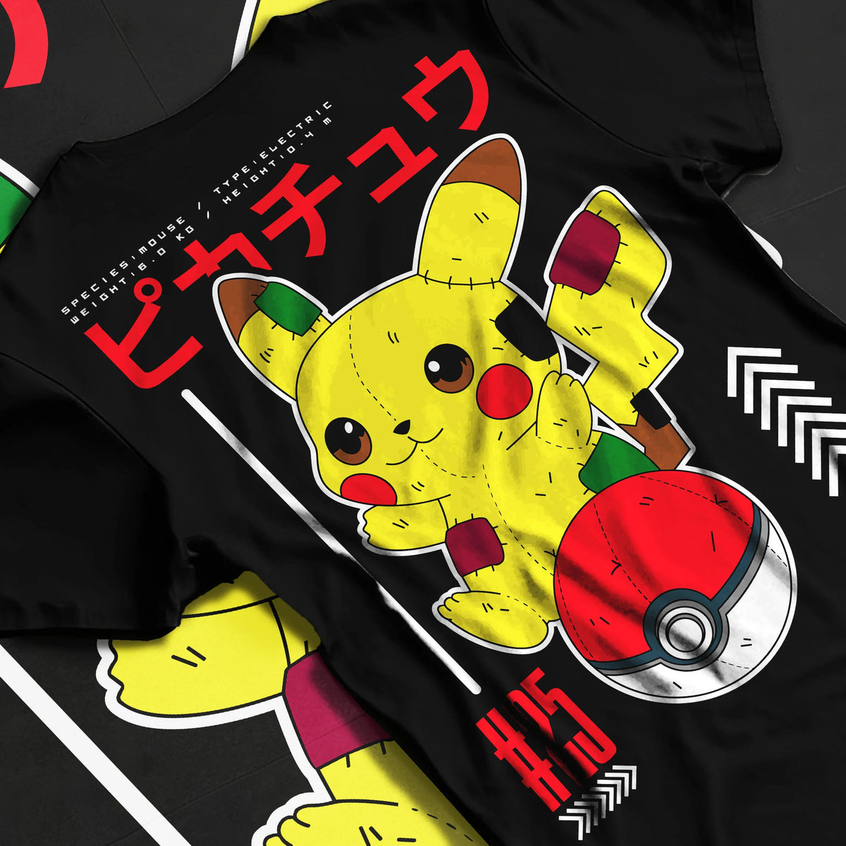 Black T-shirt flat back view showing Pikachu from Pokémon: Pokedex-inspired design