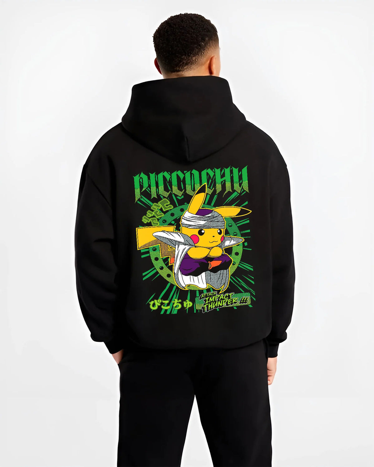 Black hoodie model back view showing Pikachu wearing trainer cap from Pokémon: ramen parody