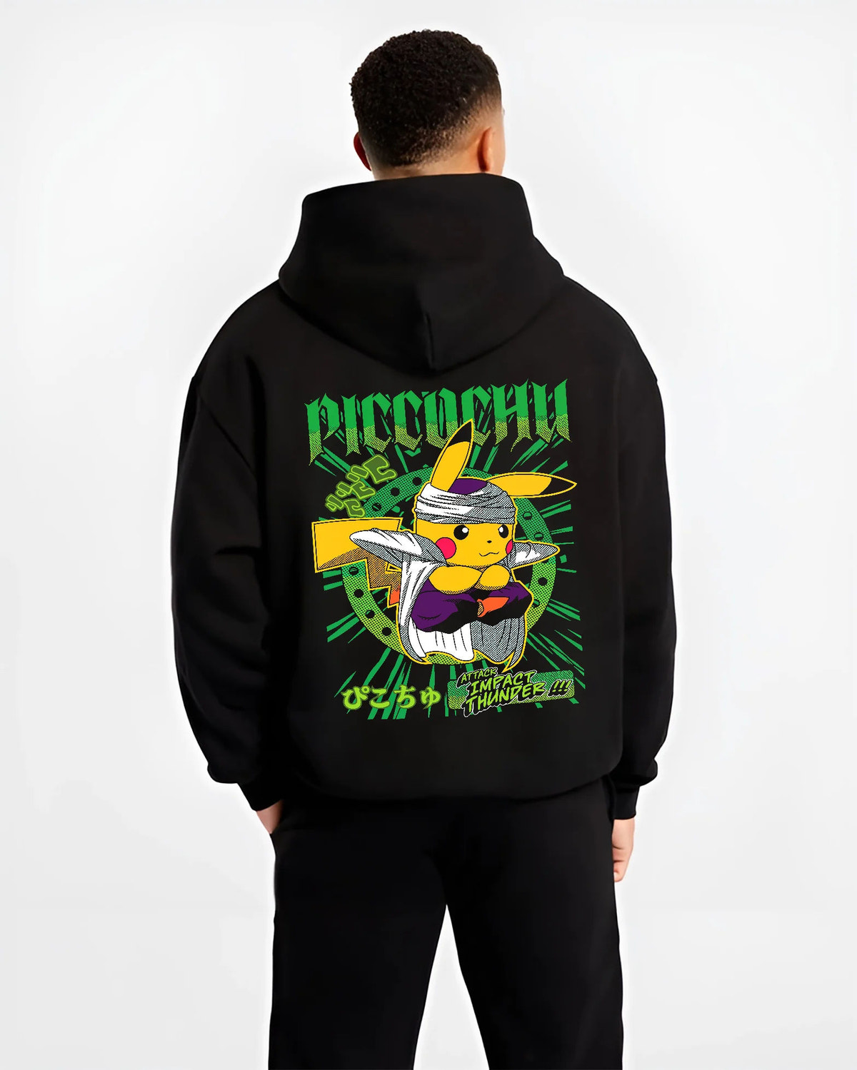 Black hoodie model back view showing Pikachu wearing trainer cap from Pokémon: ramen parody