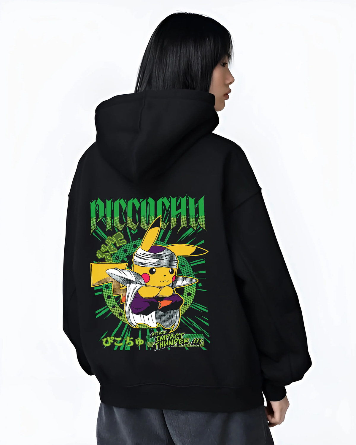 Black hoodie female model back view showing Pikachu wearing trainer cap from Pokémon: ramen parody