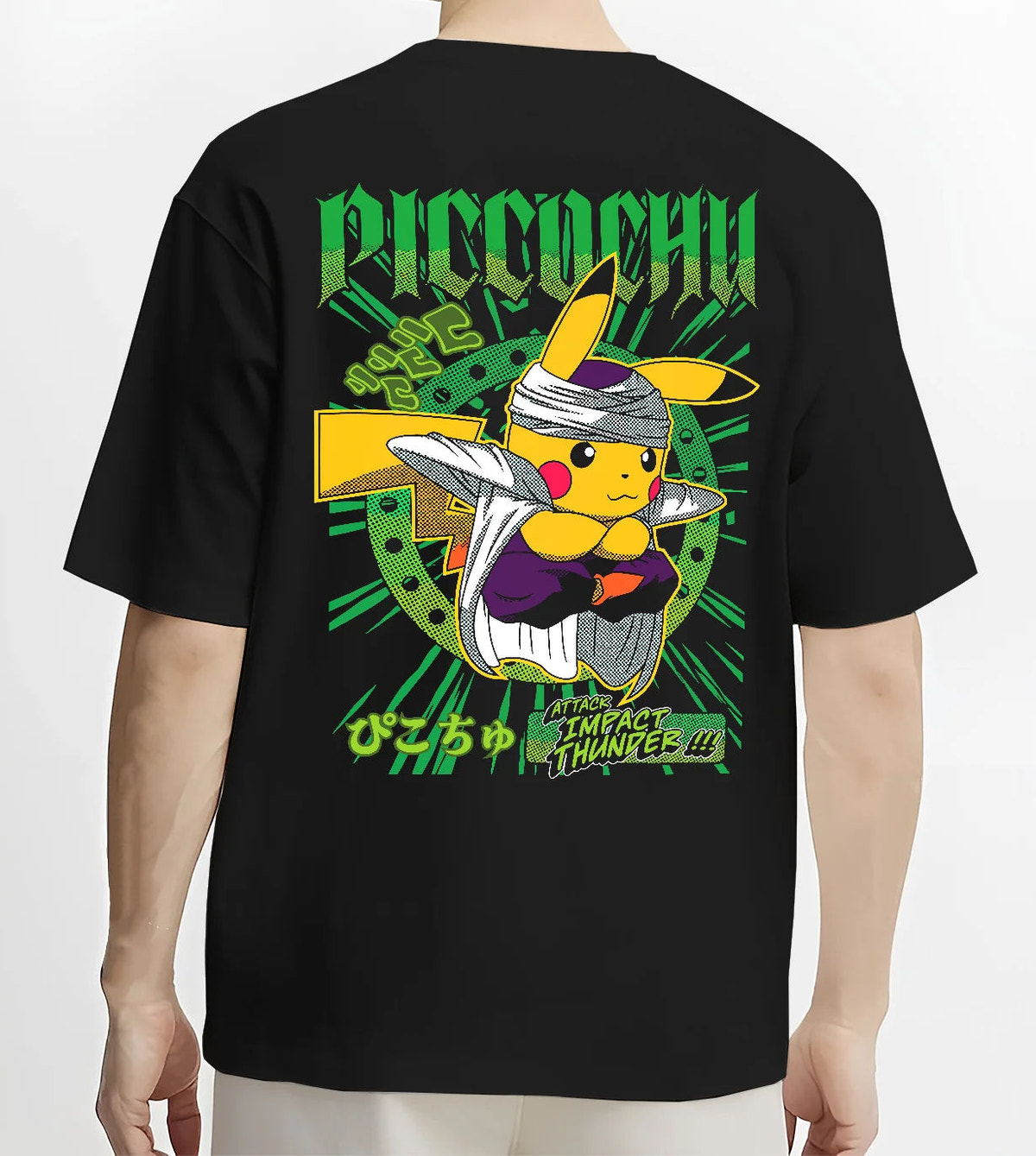 Black T-shirt model back view showing Pikachu wearing trainer cap from Pokémon: ramen parody