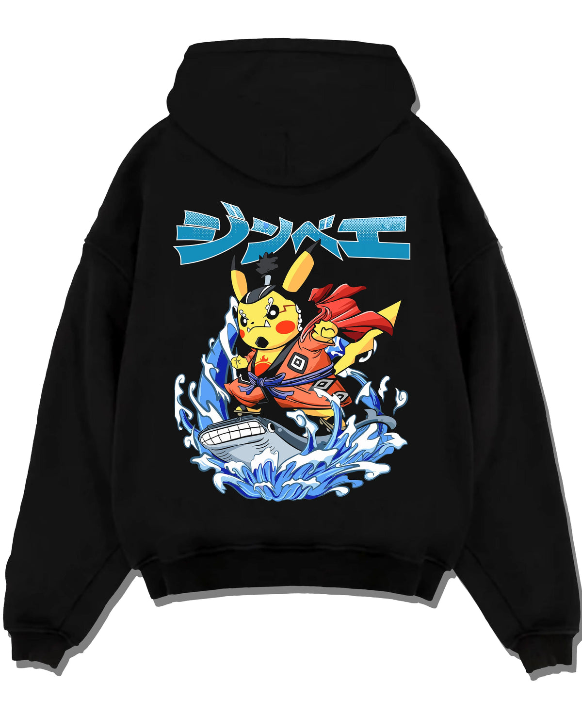Black hoodie laid flat featuring Pikachu martial arts crossover Pokemon artwork.