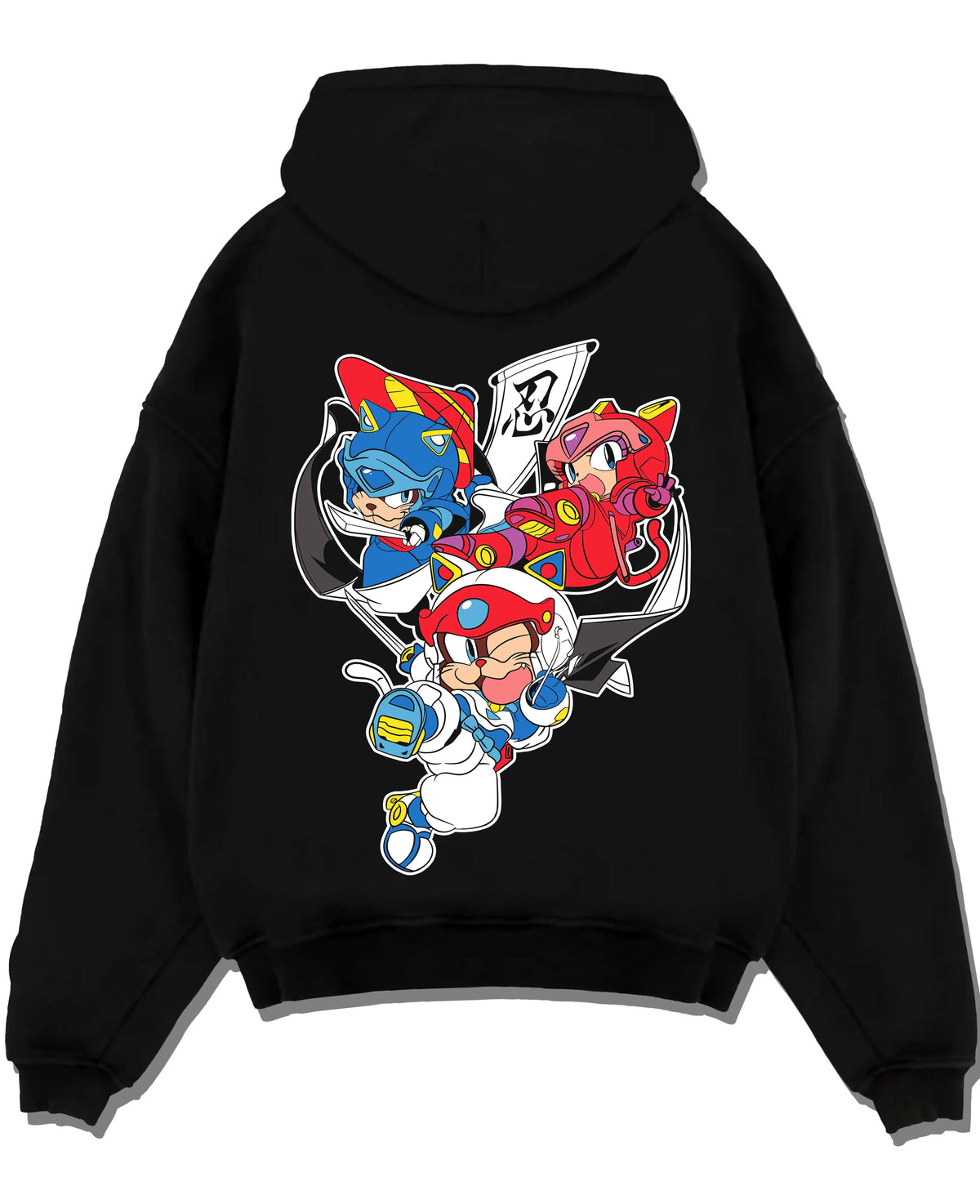 Black hoodie laid flat featuring Samurai Pizza Cats cyber ninja team Samurai Pizza Cats artwork.