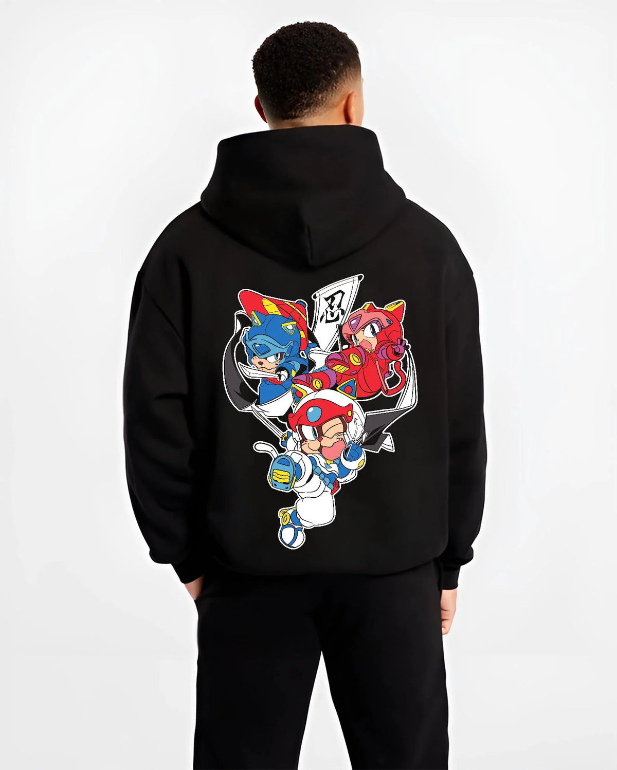 Black hoodie worn by male model from the back featuring Samurai Pizza Cats cyber ninja team Samurai Pizza Cats artwork.