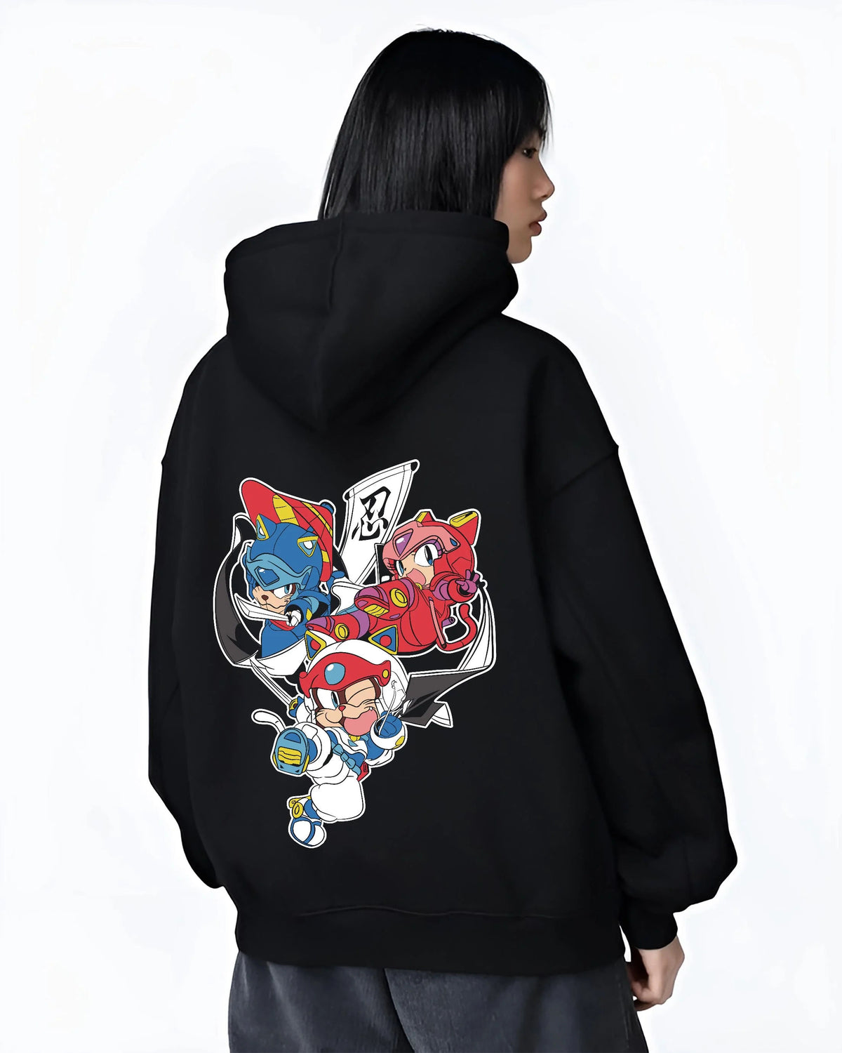 Black hoodie worn by female model from the back featuring Samurai Pizza Cats cyber ninja team Samurai Pizza Cats artwork.