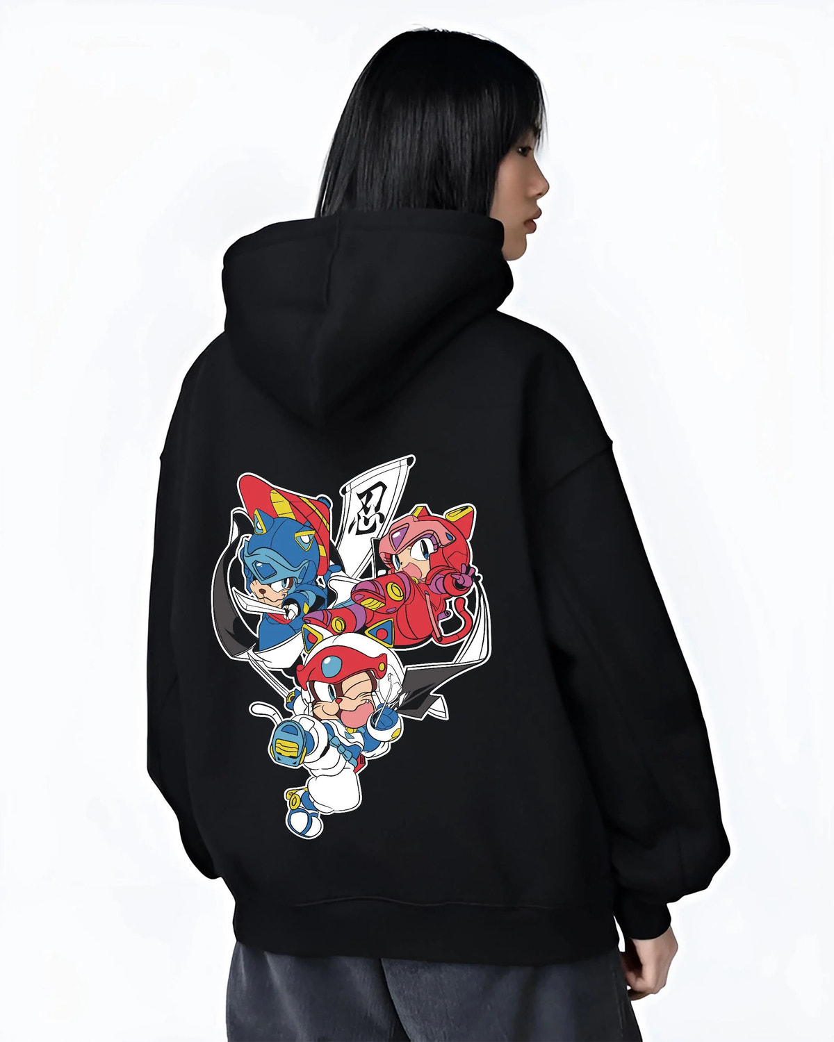 Black hoodie worn by female model from the back featuring Samurai Pizza Cats cyber ninja team Samurai Pizza Cats artwork.