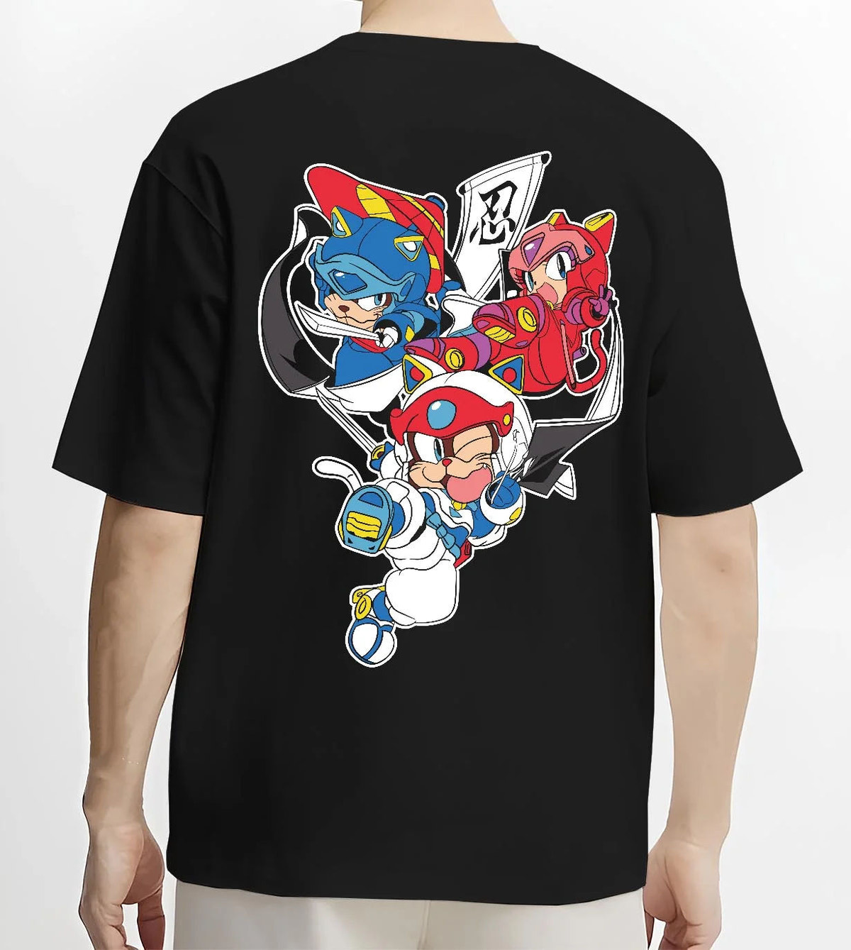 Black T-shirt worn by male model from the back featuring Samurai Pizza Cats cyber ninja team Samurai Pizza Cats artwork.
