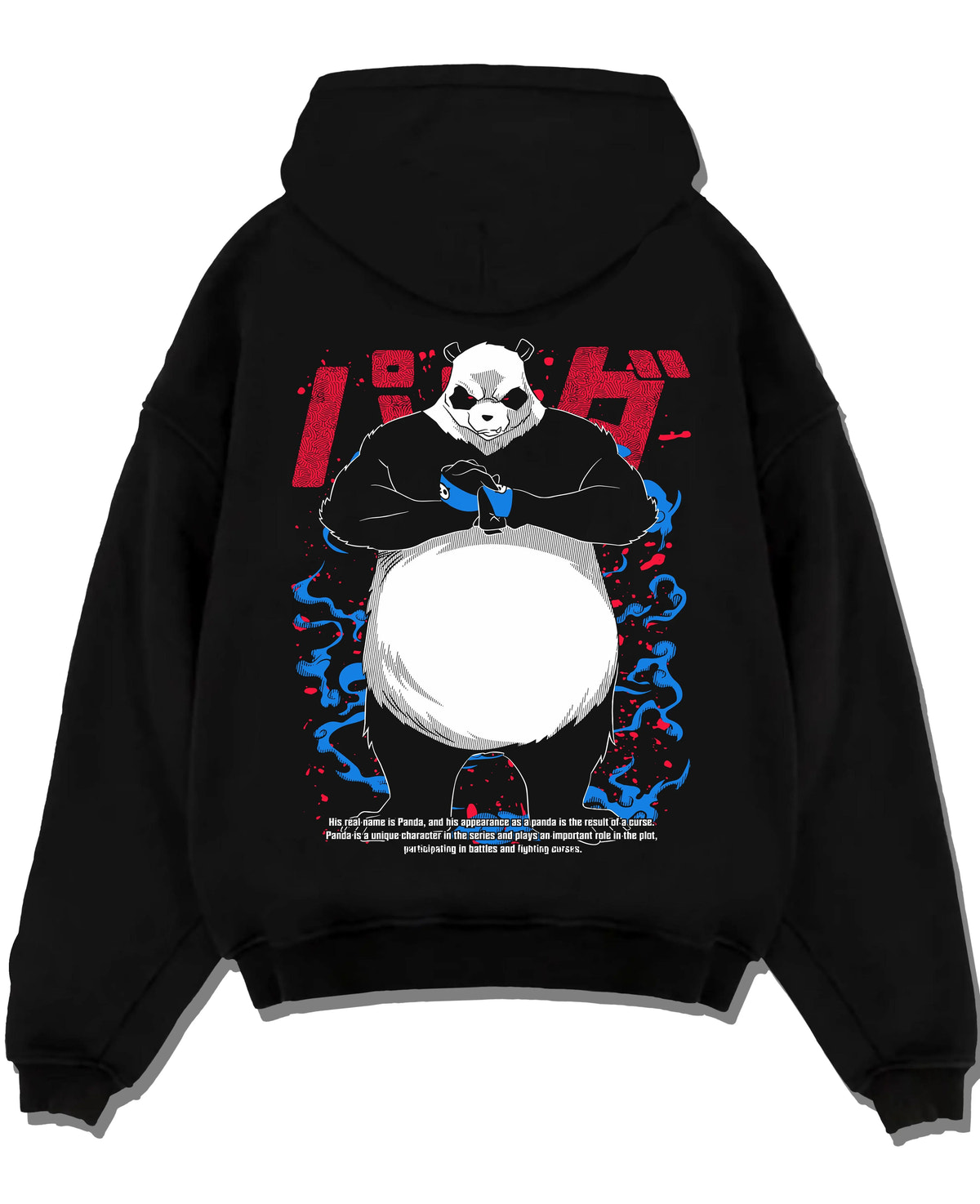 Black hoodie laid flat featuring Panda cursed corpse power Jujutsu Kaisen artwork.