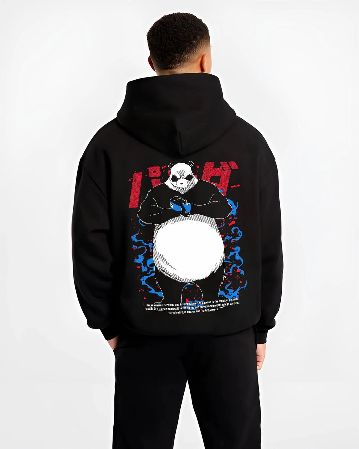 Black hoodie worn by male model from the back featuring Panda cursed corpse power Jujutsu Kaisen artwork.