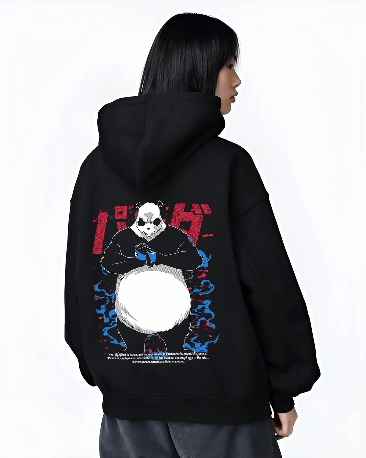 Black hoodie worn by female model from the back featuring Panda cursed corpse power Jujutsu Kaisen artwork.