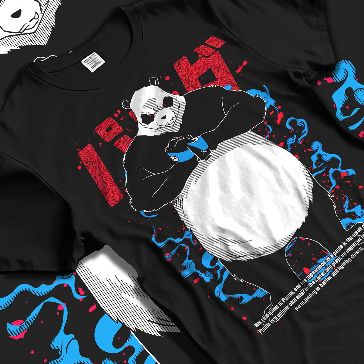 Black T-shirt laid flat with natural folds featuring Panda cursed corpse power Jujutsu Kaisen artwork.