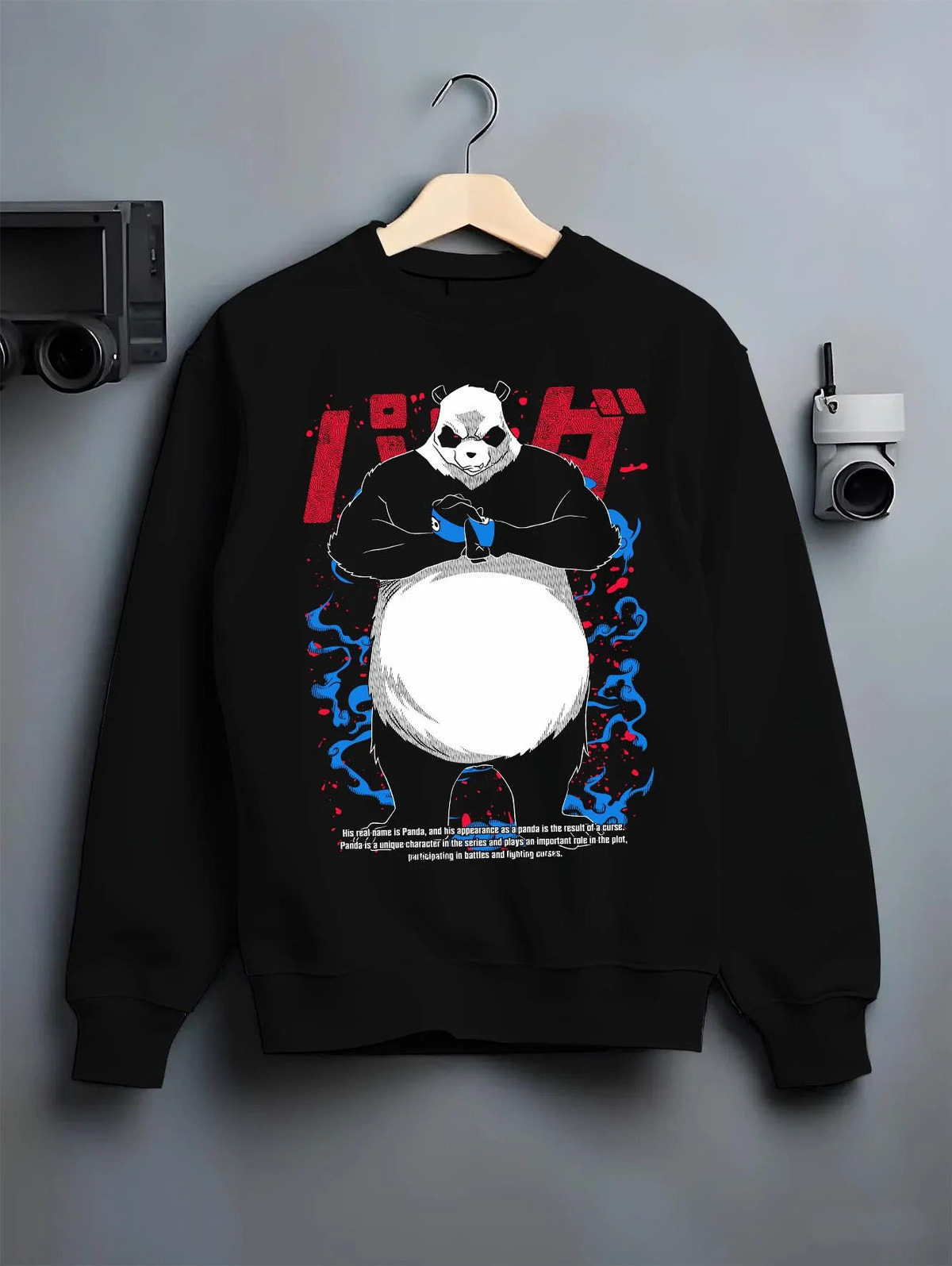 Black crewneck sweatshirt on hanger featuring Panda cursed corpse power Jujutsu Kaisen artwork.