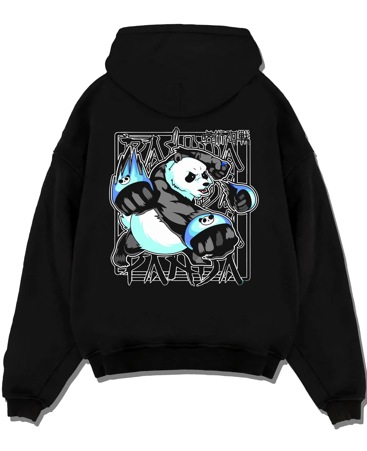 Black hoodie laid flat featuring Panda battle form cursed corpse Jujutsu Kaisen artwork.
