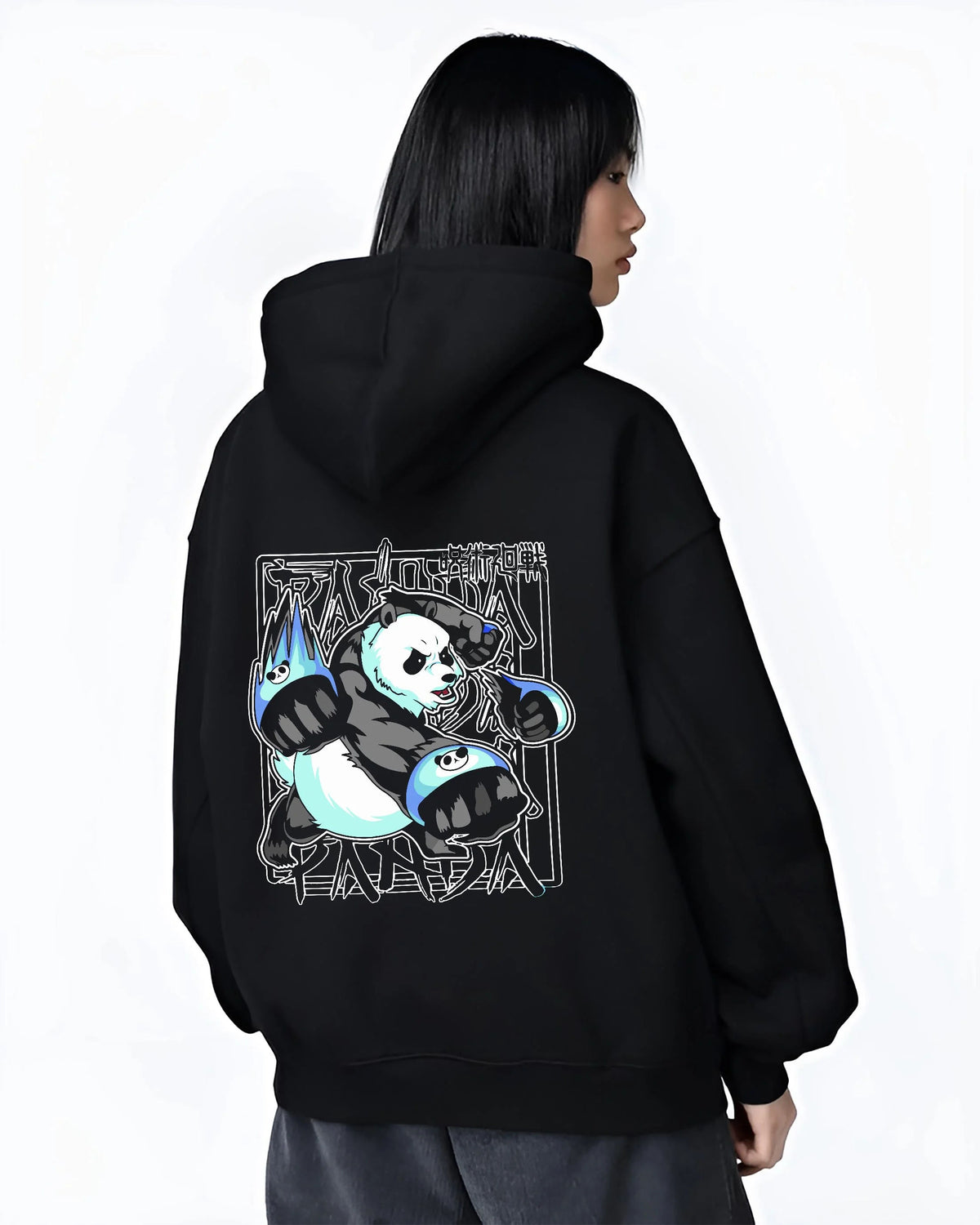 Black hoodie worn by female model from the back featuring Panda battle form cursed corpse Jujutsu Kaisen artwork.