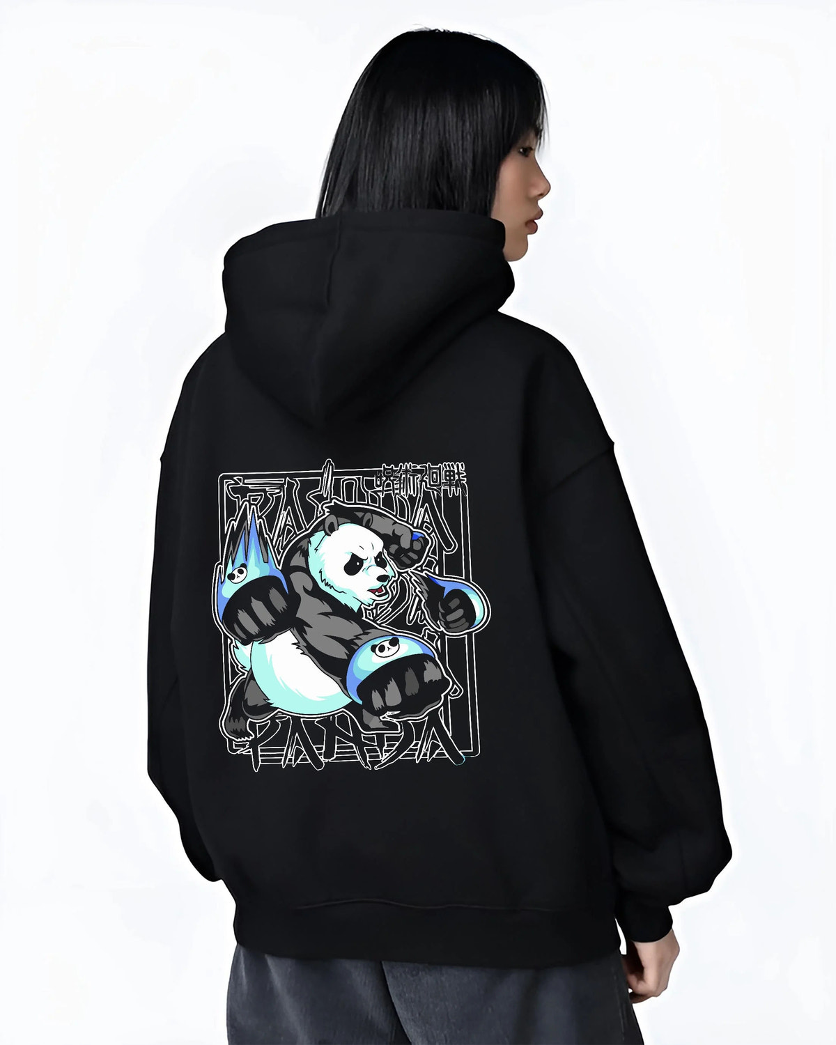 Black hoodie worn by female model from the back featuring Panda battle form cursed corpse Jujutsu Kaisen artwork.