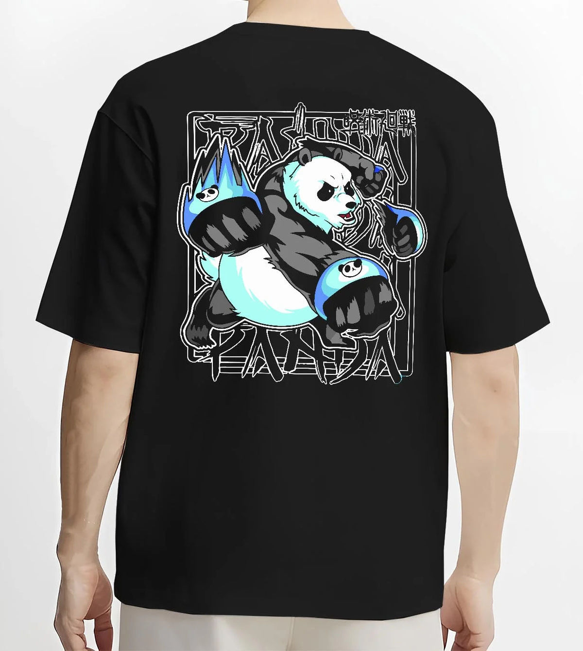 Black T-shirt worn by male model from the back featuring Panda battle form cursed corpse Jujutsu Kaisen artwork.