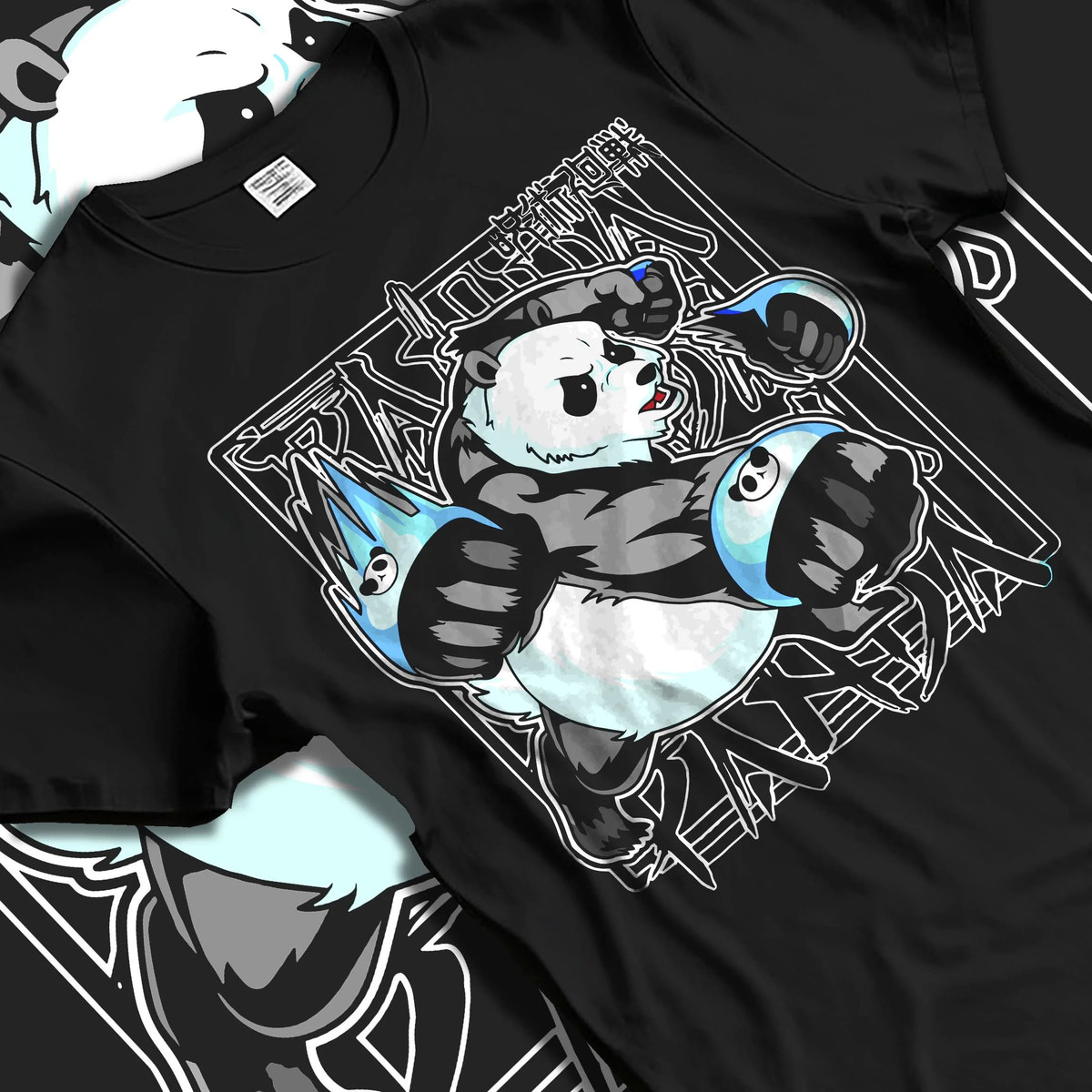 Black T-shirt laid flat with natural folds featuring Panda battle form cursed corpse Jujutsu Kaisen artwork.