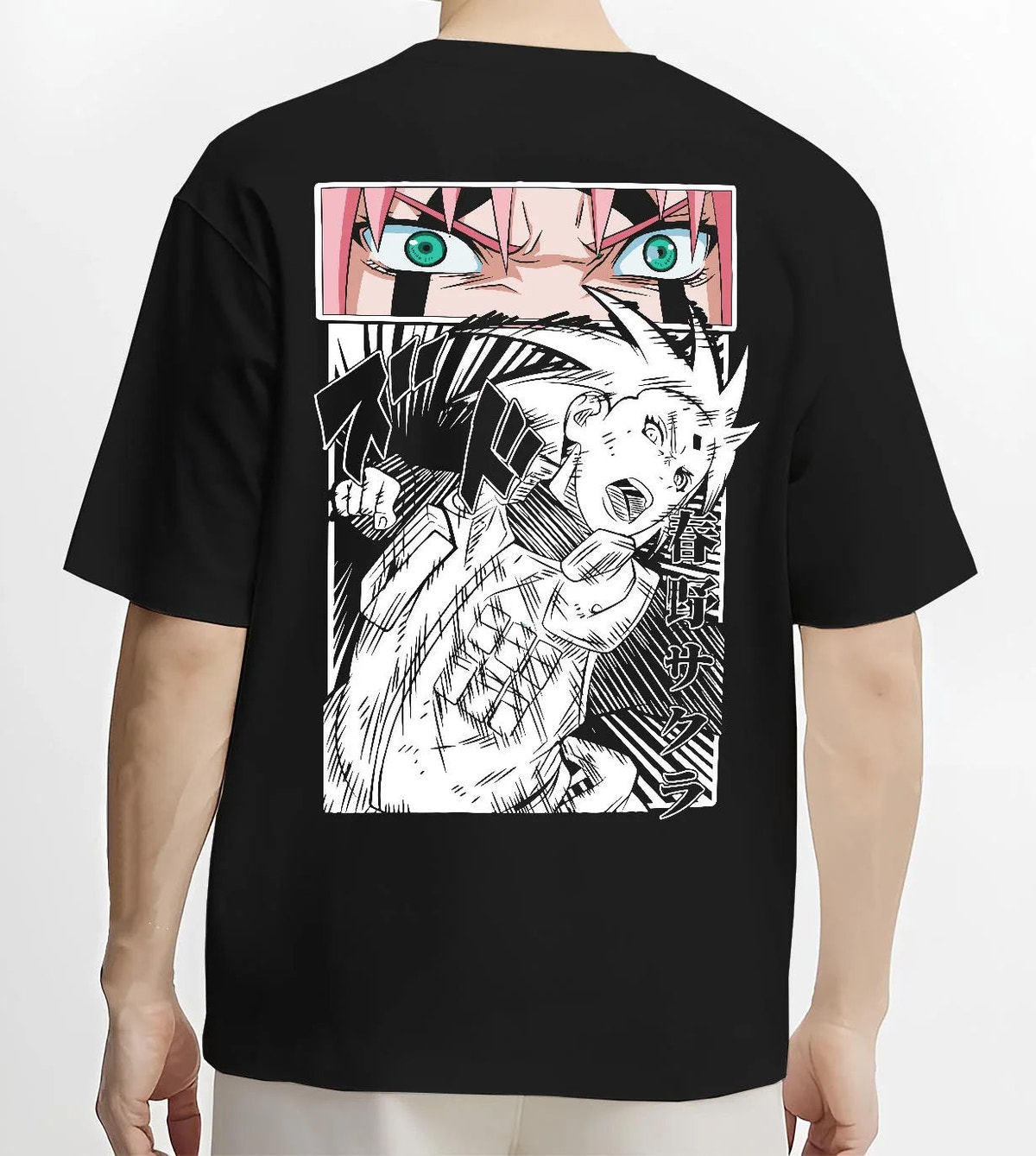 Black T-shirt worn by male model from the back featuring Sakura Haruno chakra strength Naruto artwork.