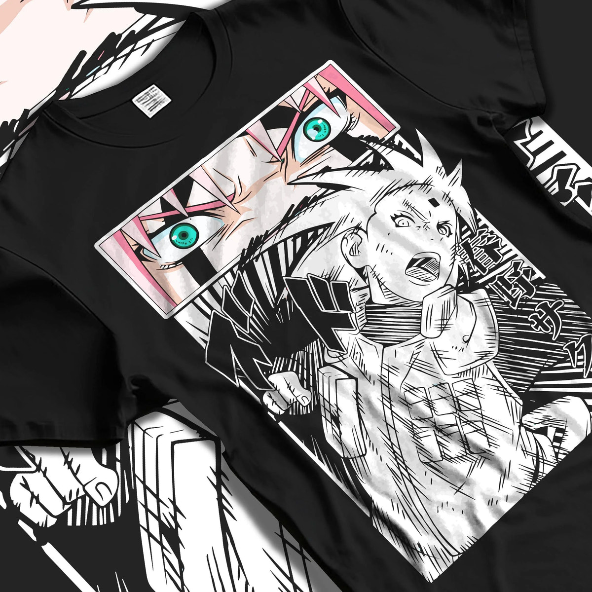 Black T-shirt laid flat with natural folds featuring Sakura Haruno chakra strength Naruto artwork.