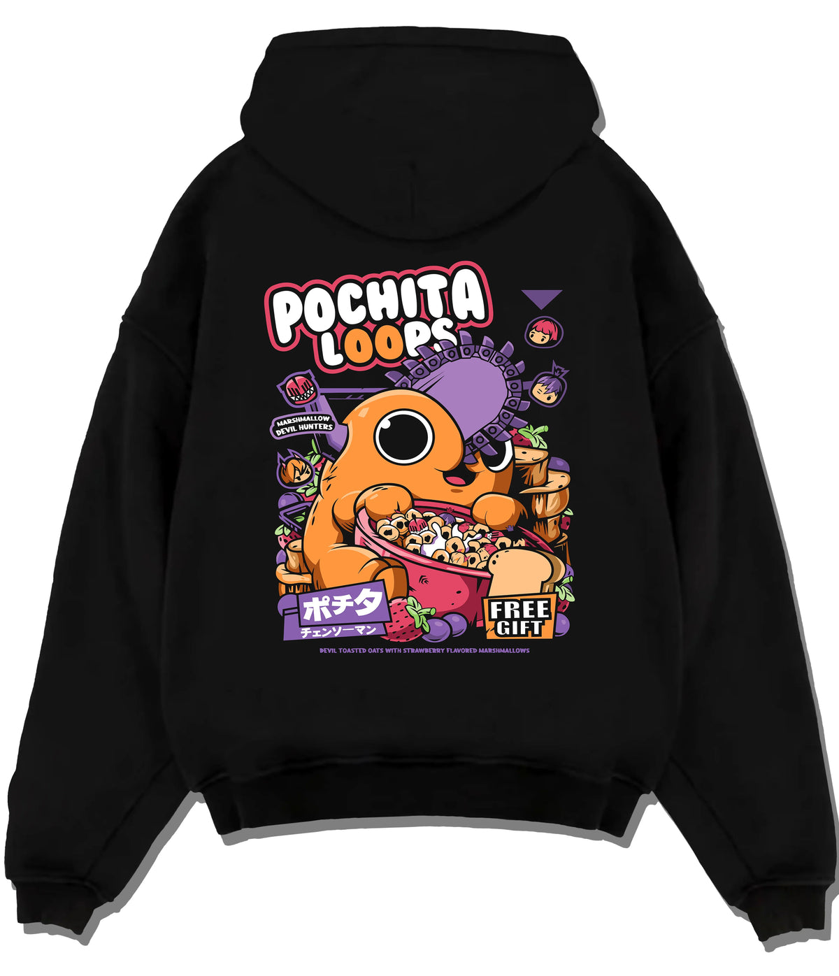 Black hoodie flat back view showing Pochita from Chainsaw Man: pink cereal and Pochita Loops