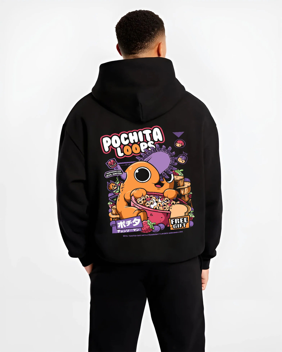 Black hoodie model back view showing Pochita from Chainsaw Man: pink cereal and Pochita Loops