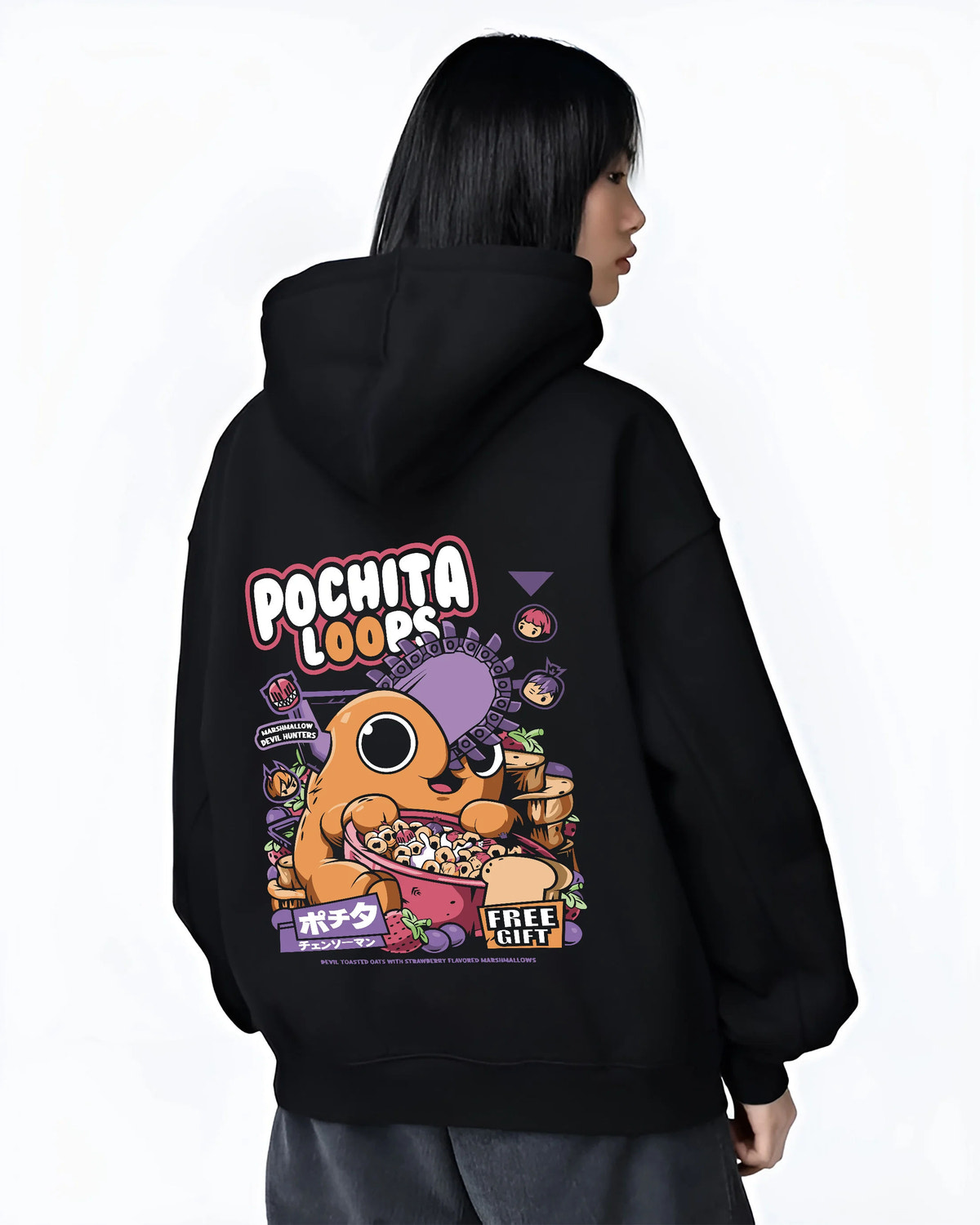 Black hoodie female model back view showing Pochita from Chainsaw Man: pink cereal and Pochita Loops