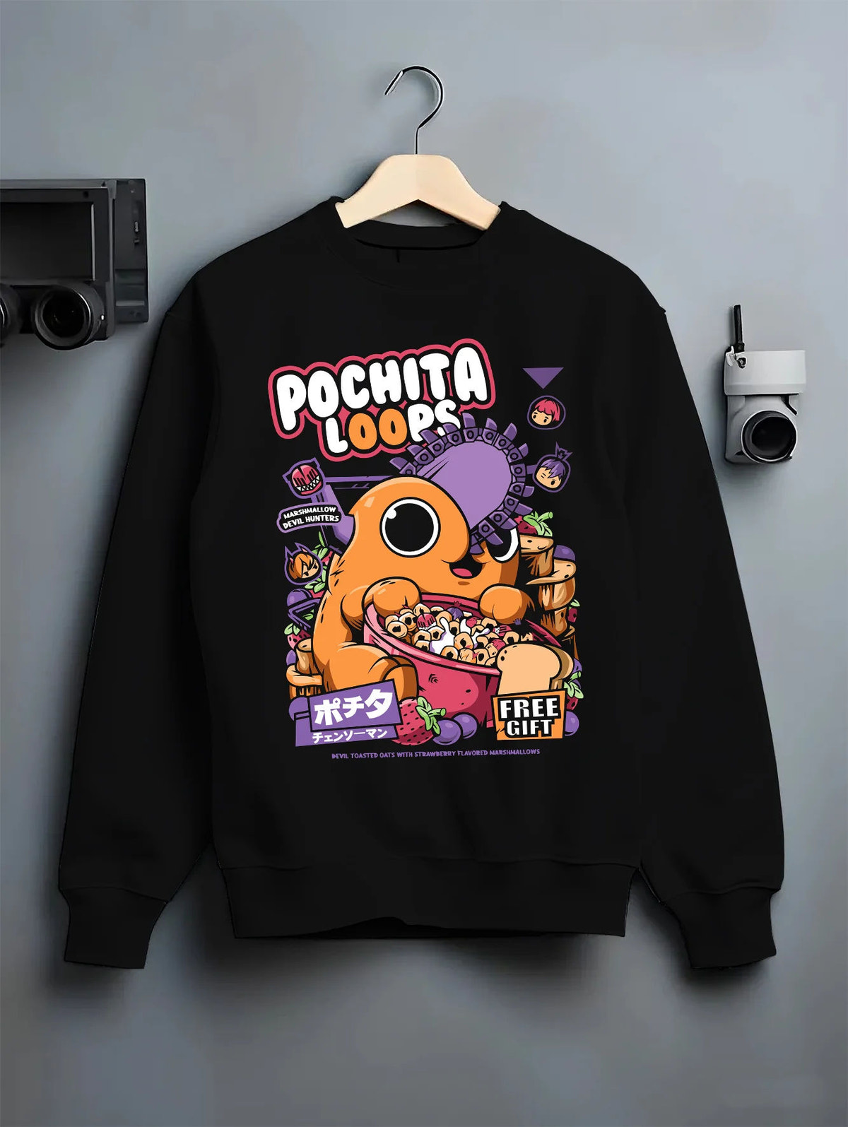Black crewneck sweatshirt on hanger showing Pochita from Chainsaw Man: pink cereal and Pochita Loops