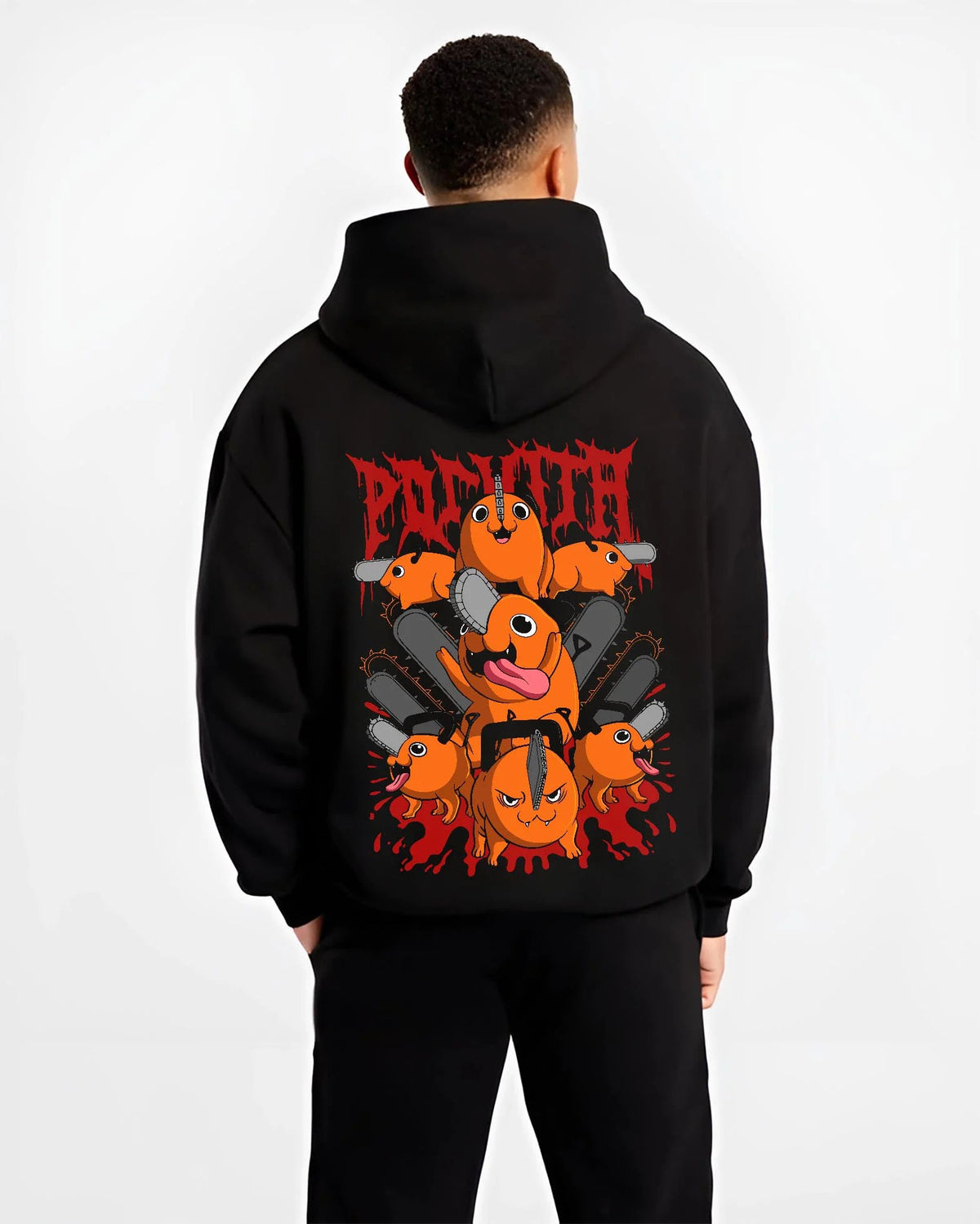 Black hoodie worn by male model from the back featuring Pochita Chainsaw Devil Chainsaw Man artwork.