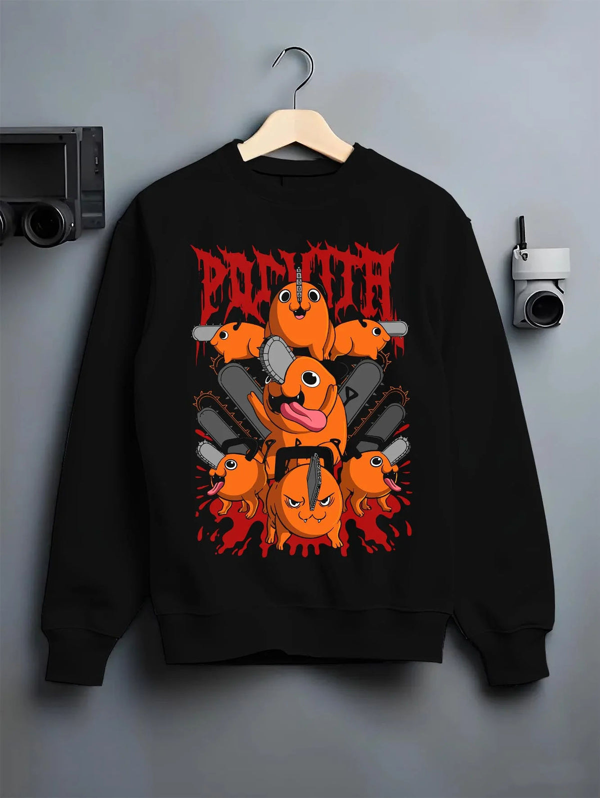 Black crewneck sweatshirt on hanger featuring Pochita Chainsaw Devil Chainsaw Man artwork.