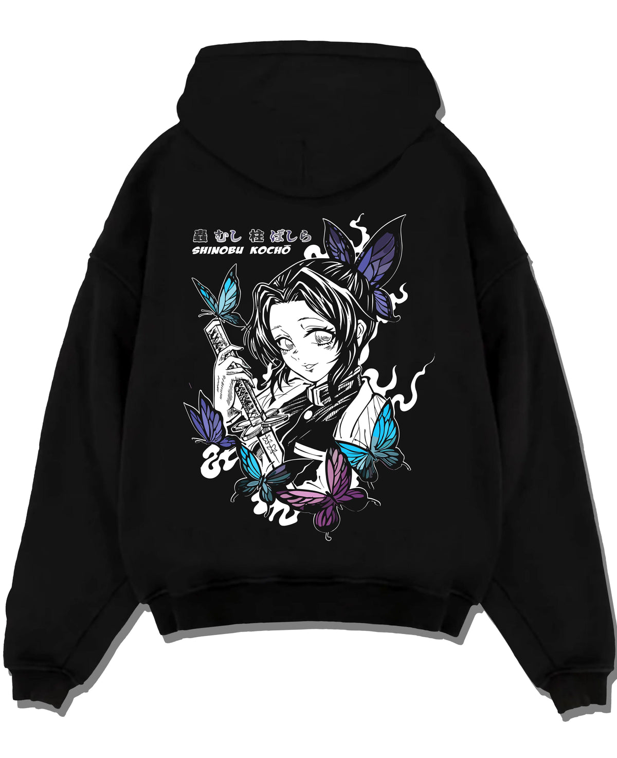 Black hoodie laid flat featuring Shinobu Kocho poison butterfly Demon Slayer artwork.
